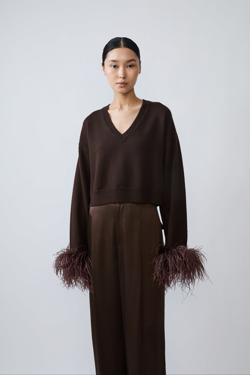 A model stands against a light gray studio background wearing a dark brown cropped V-neck sweater with feathered cuffs and matching dark brown wide-leg trousers.