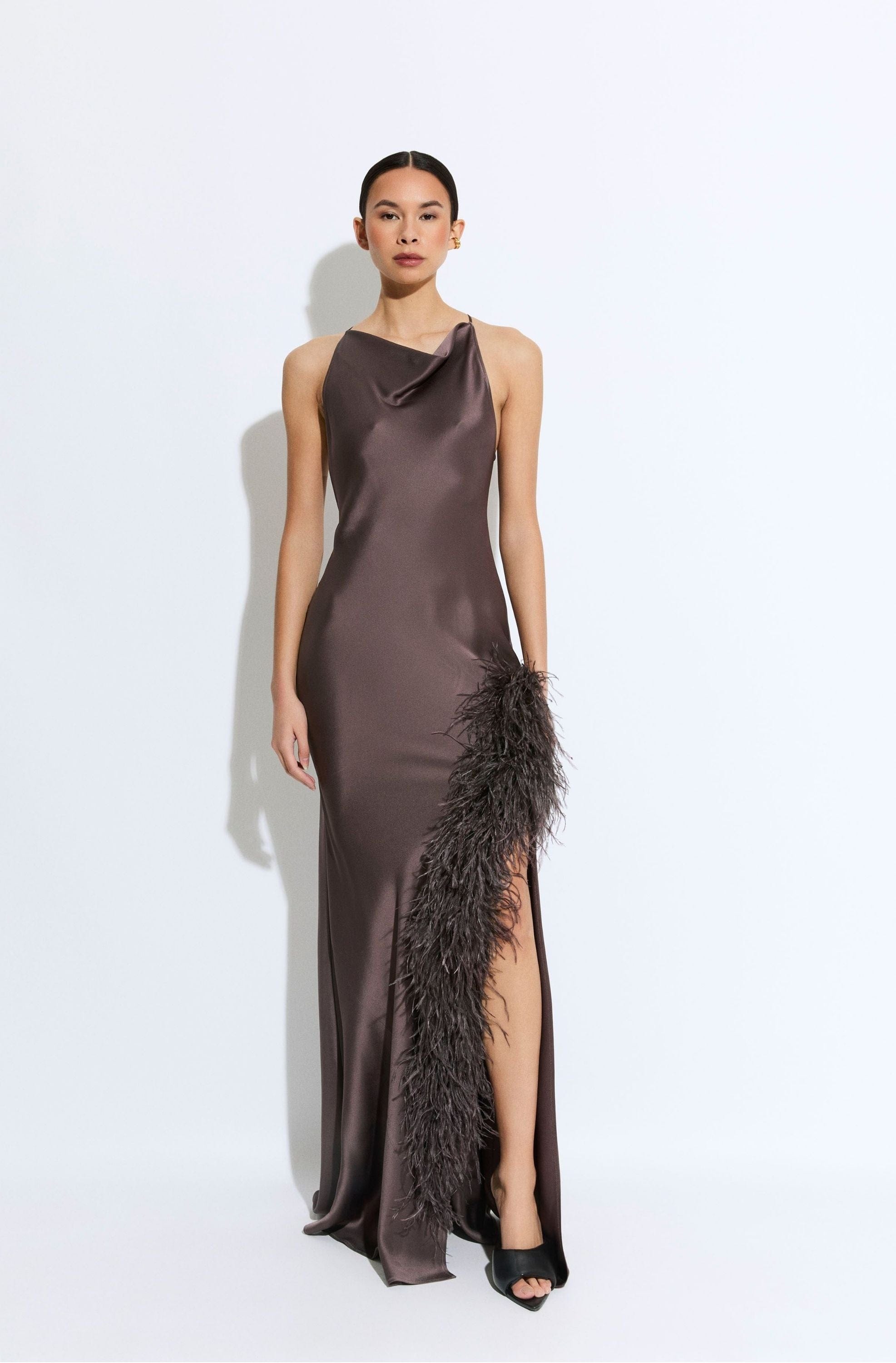 LAPOINTE Satin Halter Gown With Feathers | Mocha / 2 LAPOINTE Satin Halter Gown With Feathers | Mocha / 2