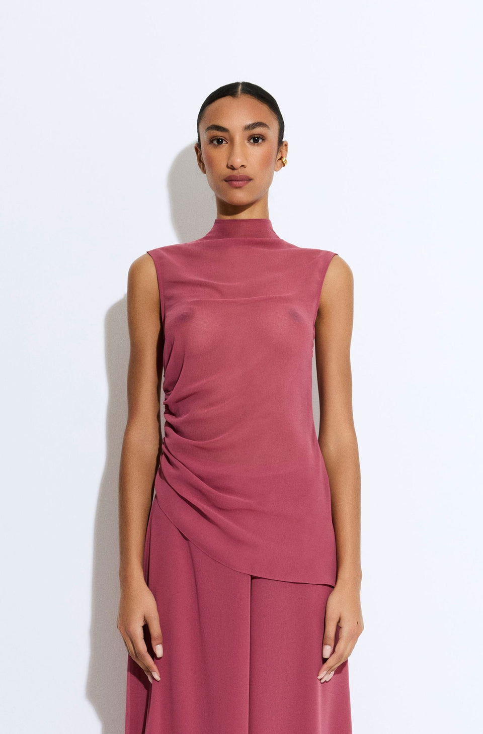 Lightweight Georgette Mock Neck Ruched Top - LAPOINTE