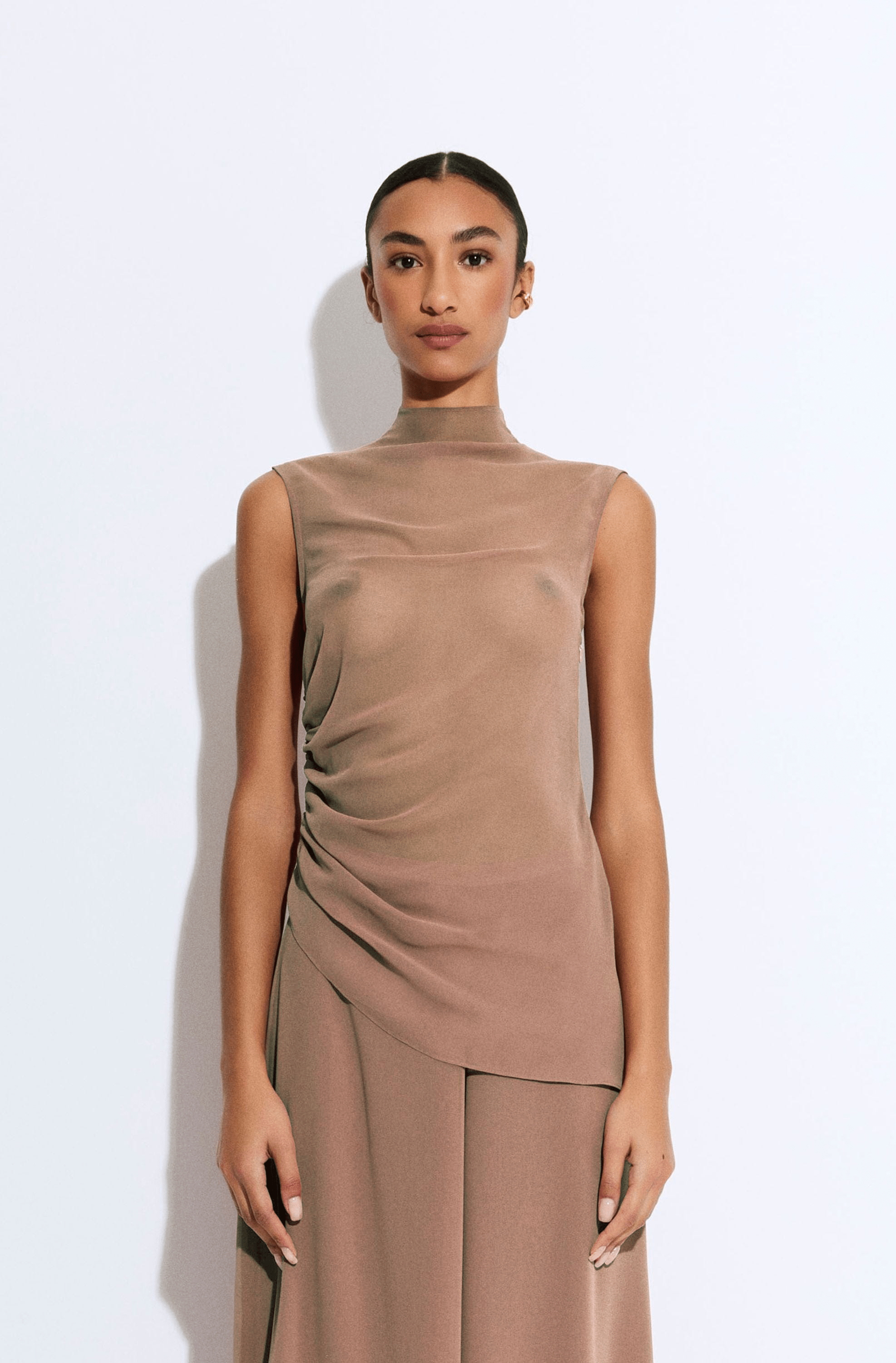 Lightweight Georgette Mock Neck Ruched Top - LAPOINTE