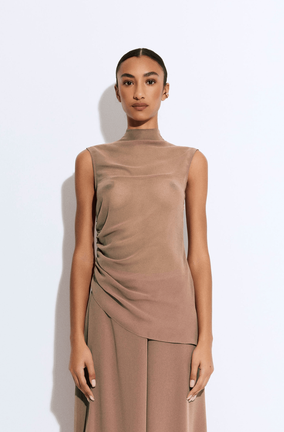 Lightweight Georgette Mock Neck Ruched Top - LAPOINTE