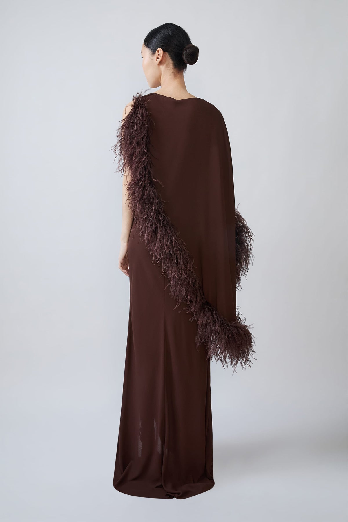 Georgette Asymmetric Draped Gown With Feathers