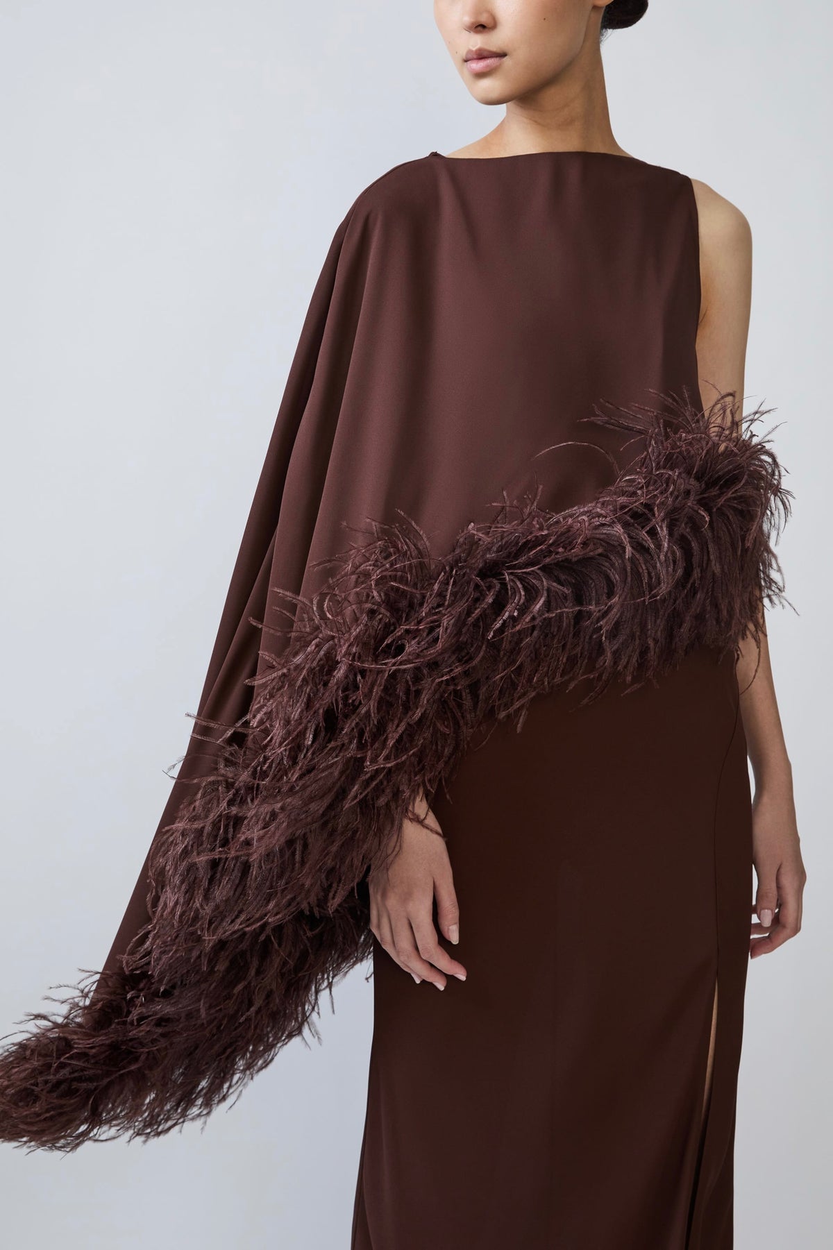 Georgette Asymmetric Draped Gown With Feathers
