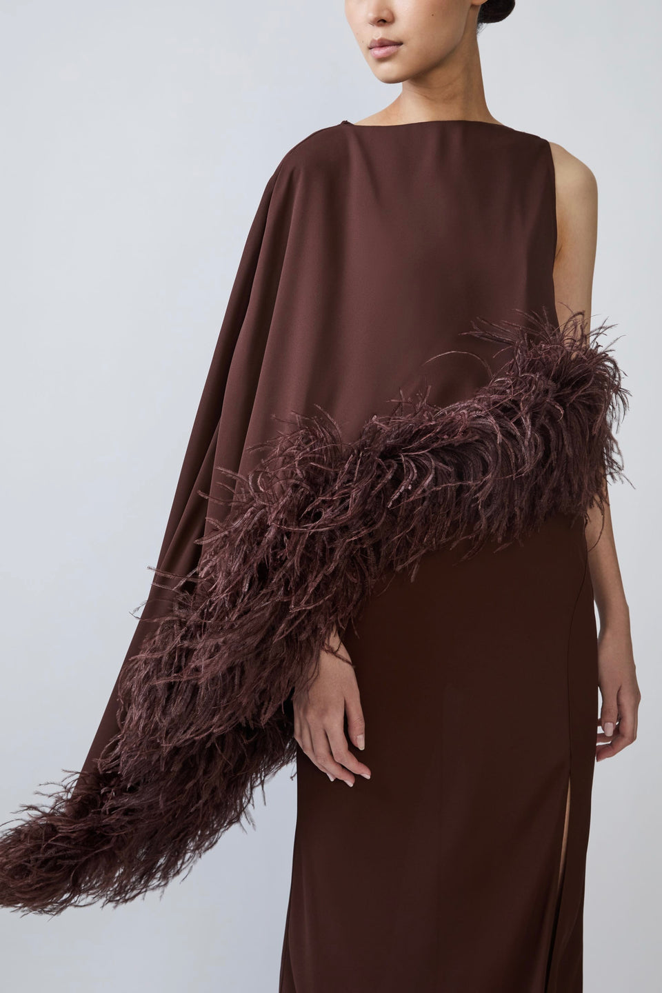 Georgette Asymmetric Draped Gown With Feathers
