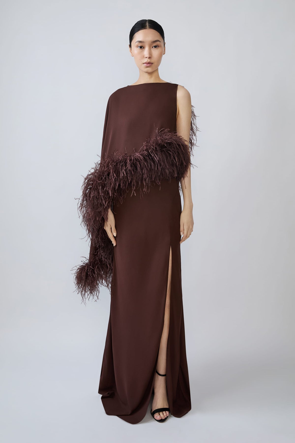 Georgette Asymmetric Draped Gown With Feathers