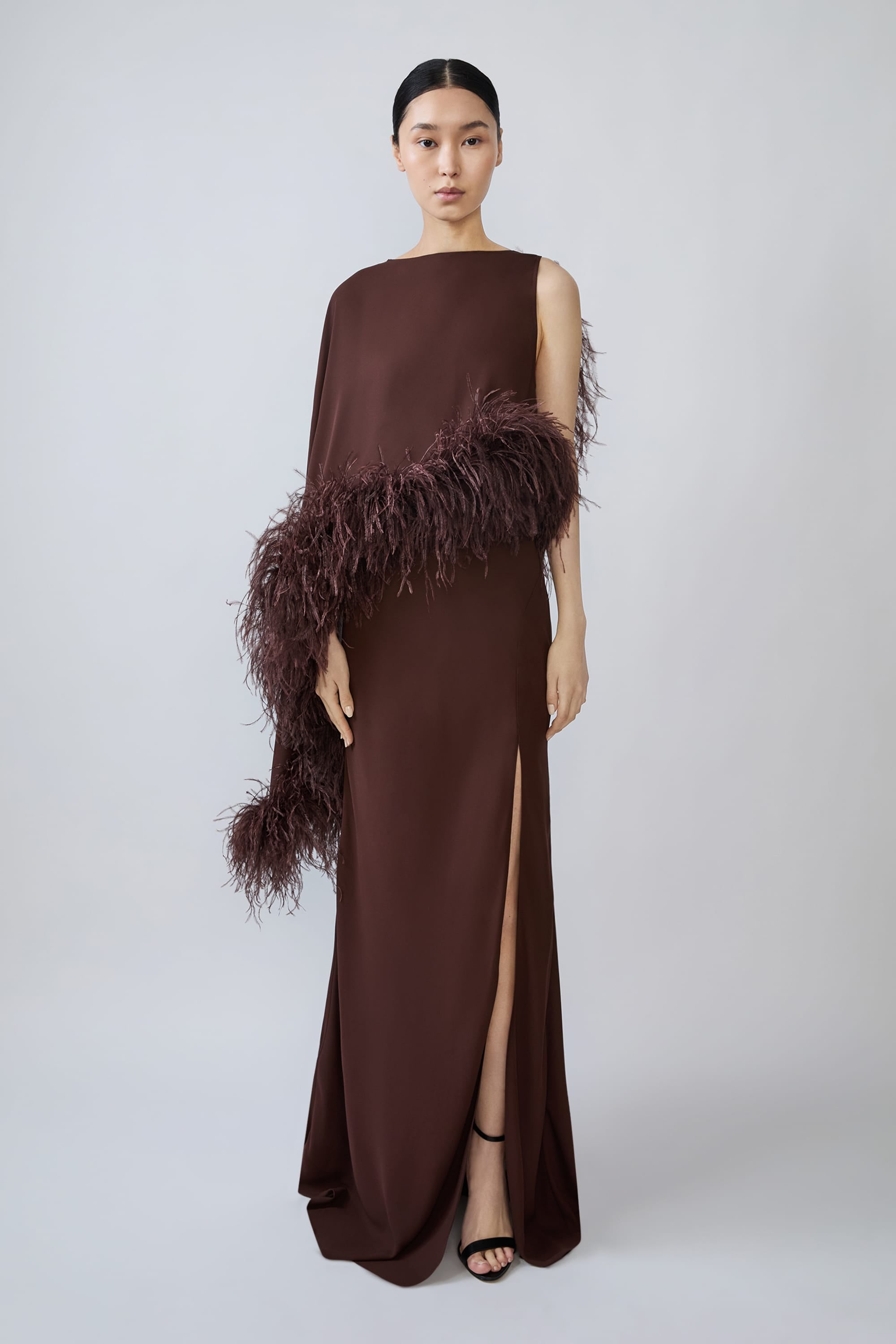 Georgette Asymmetric Draped Gown With Feathers