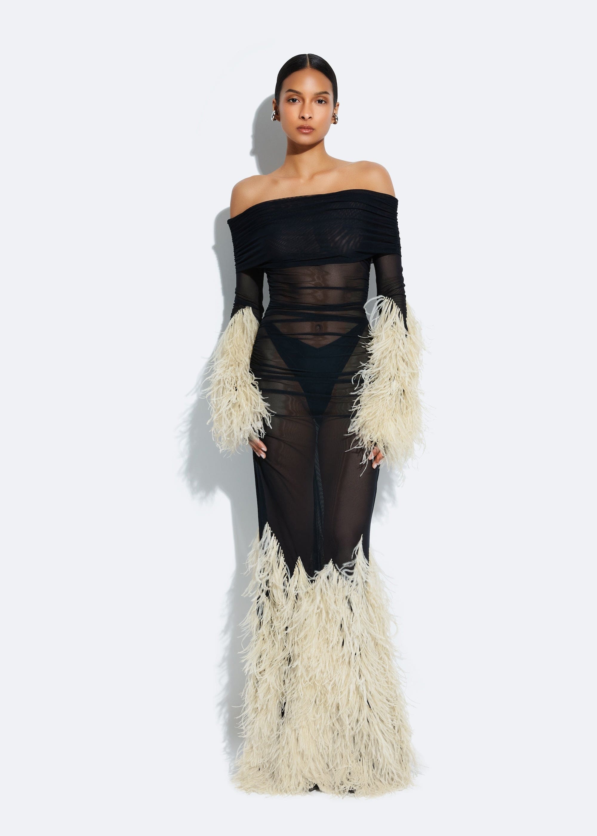 Mesh Off The Shoulder Gown With Feathers