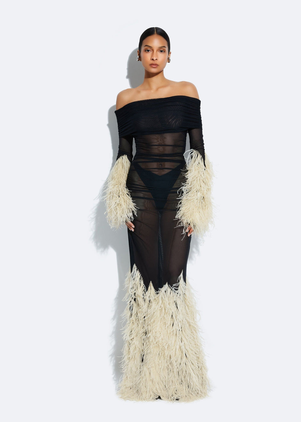 Mesh Off The Shoulder Gown With Feathers
