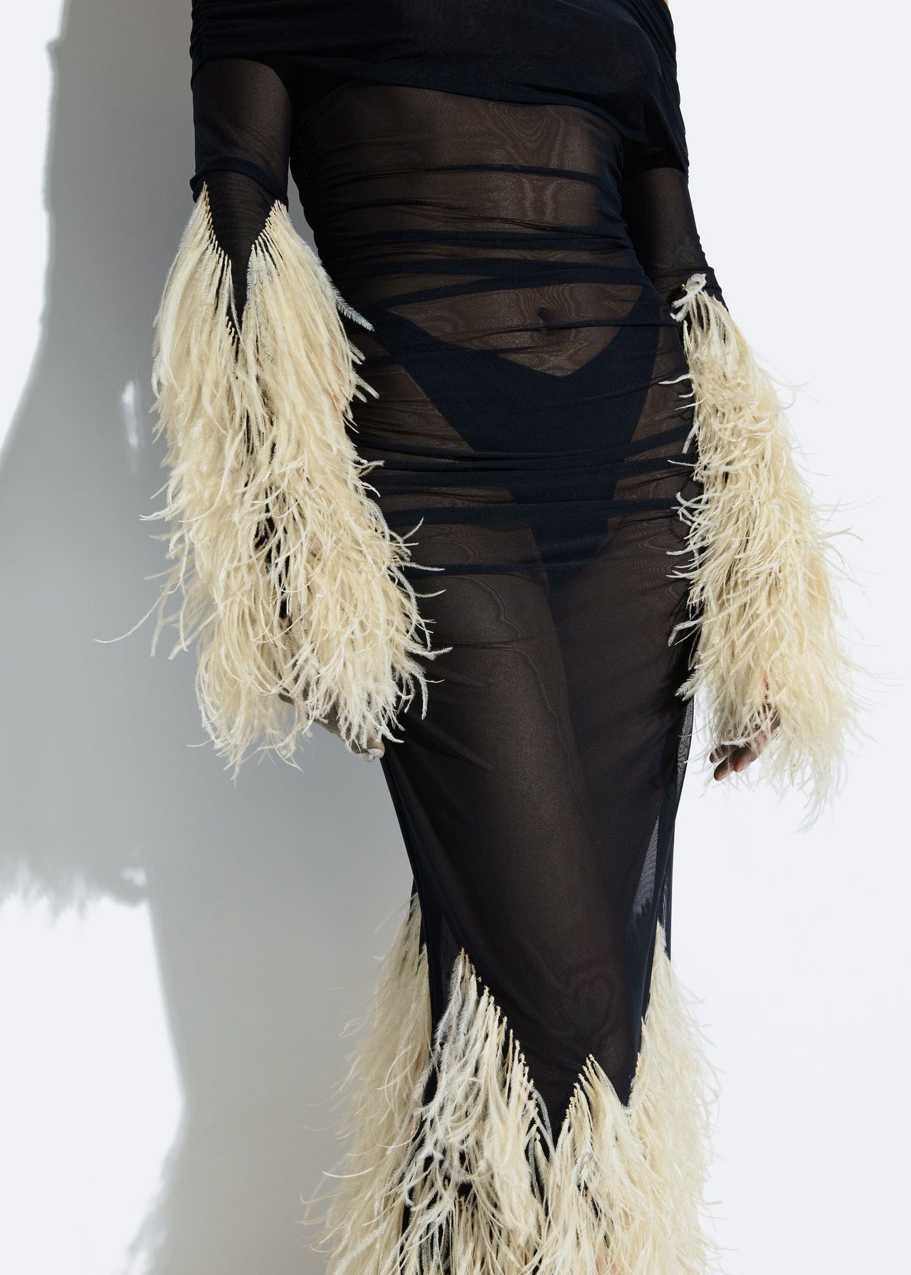 Mesh Off The Shoulder Gown With Feathers