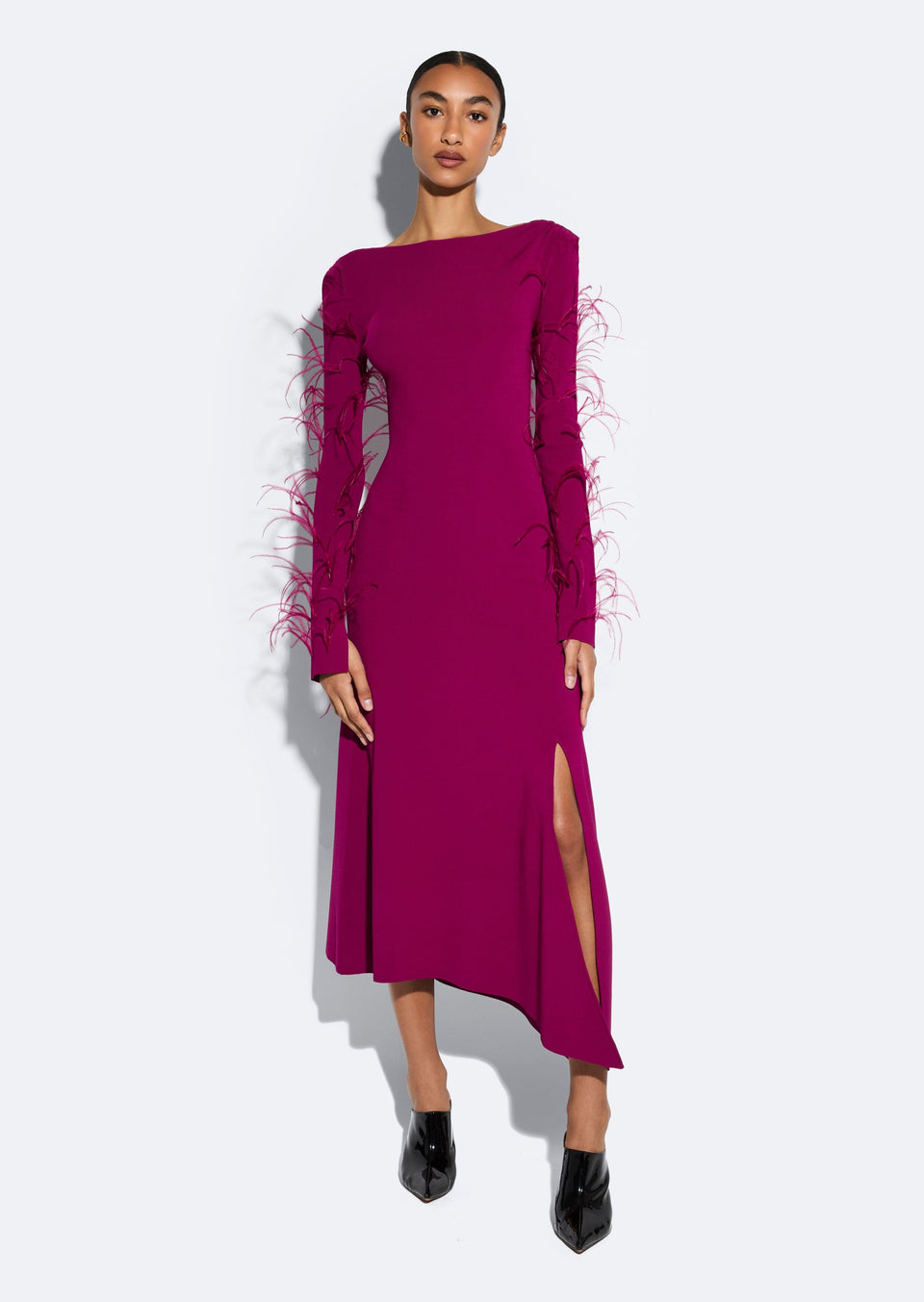 Viscose Boatneck Dress With Feathers