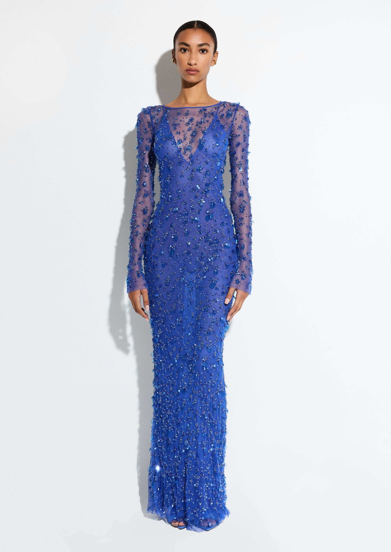 Embroidered Mesh Boatneck Gown