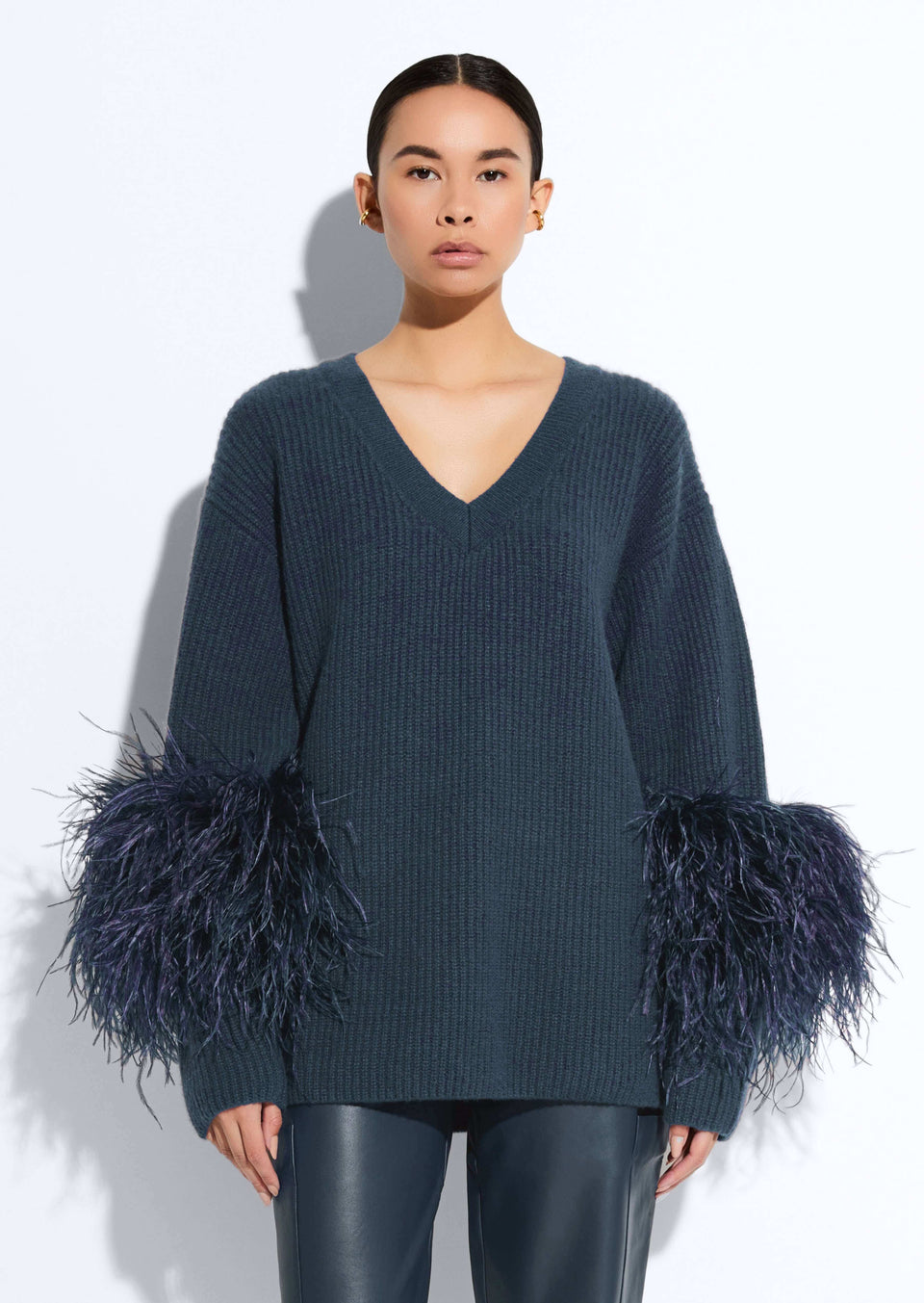 Cashmere V Neck Sweater With Feathers