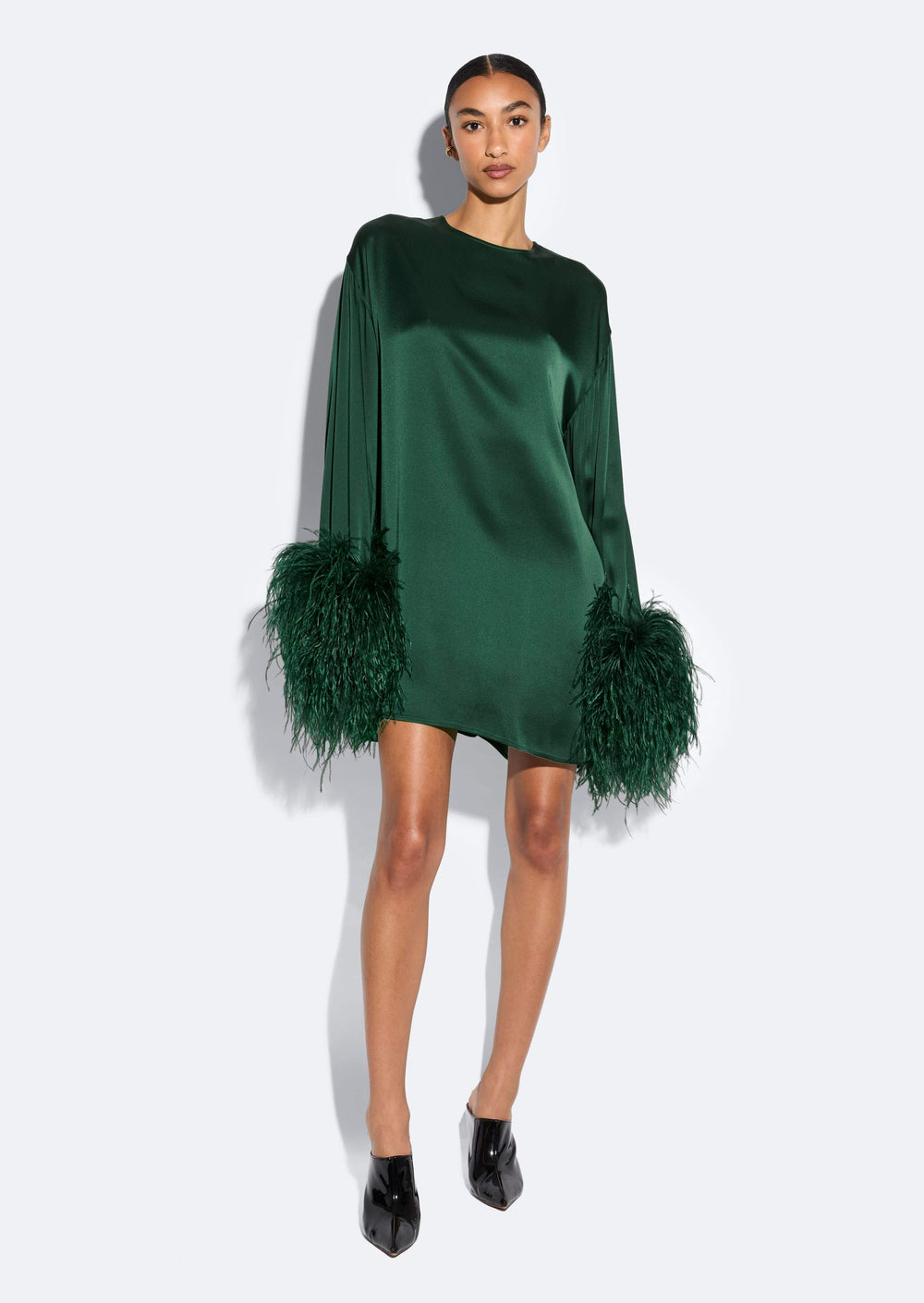 LAPOINTE Satin Dress With Feathers | Dark Green / XL LAPOINTE Satin Dress With Feathers | Dark Green / XL