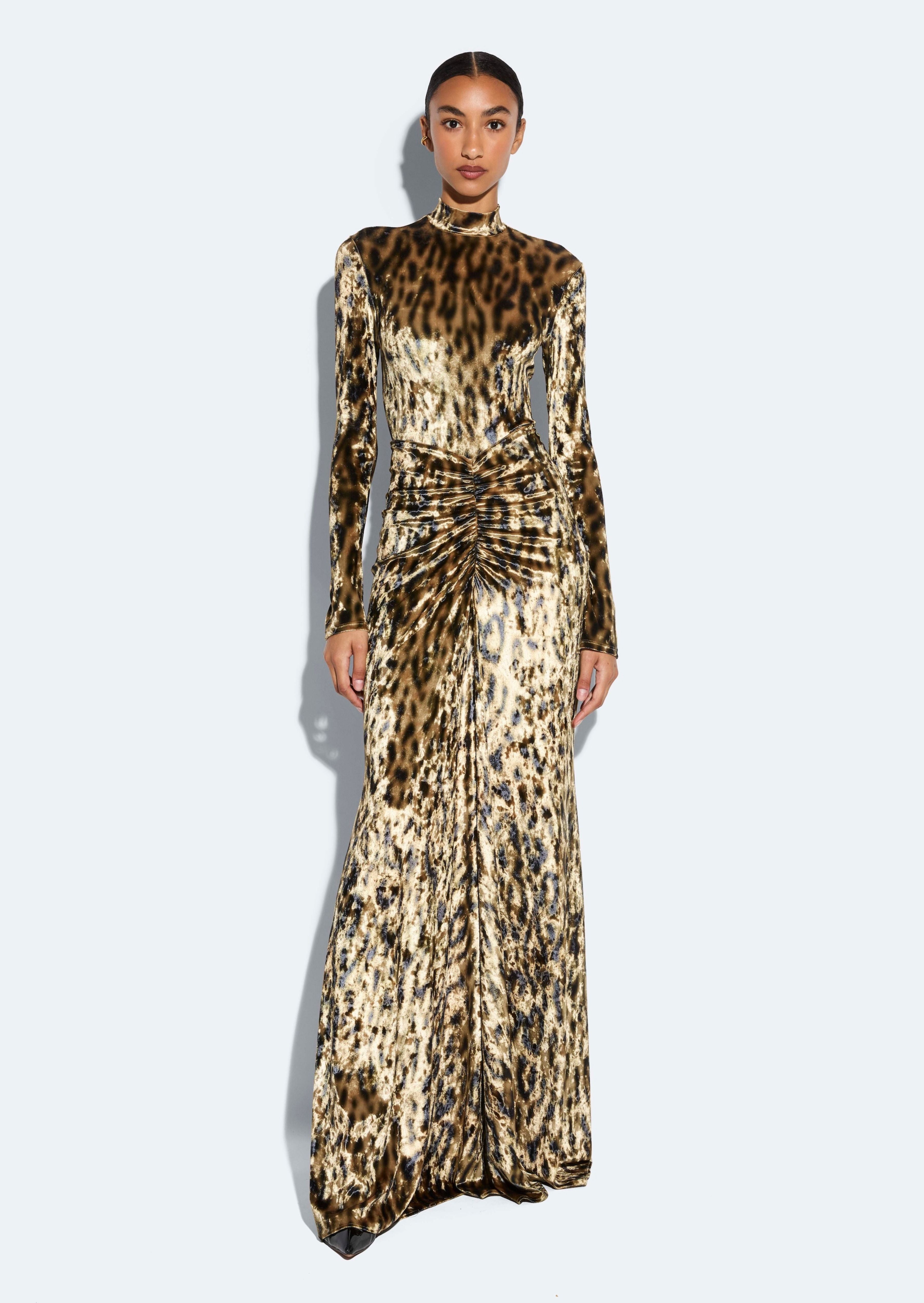 Velvet Leopard Ruched Maxi Skirt