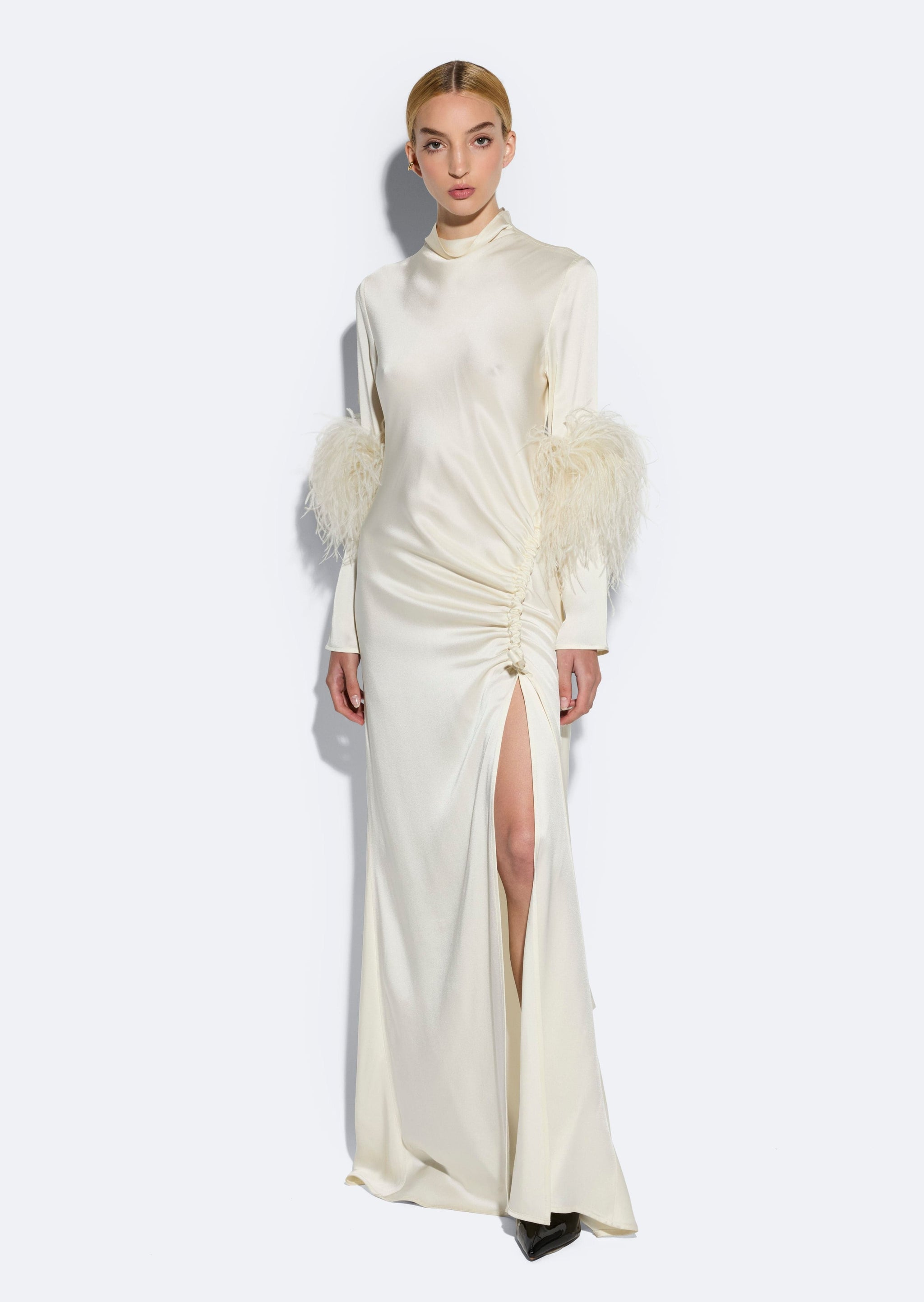 Satin Tab Gown With Feathers in Cream Cream and Neutral | LAPOINTE Satin Tab Gown With Feathers in Cream Cream and Neutral | LAPOINTE