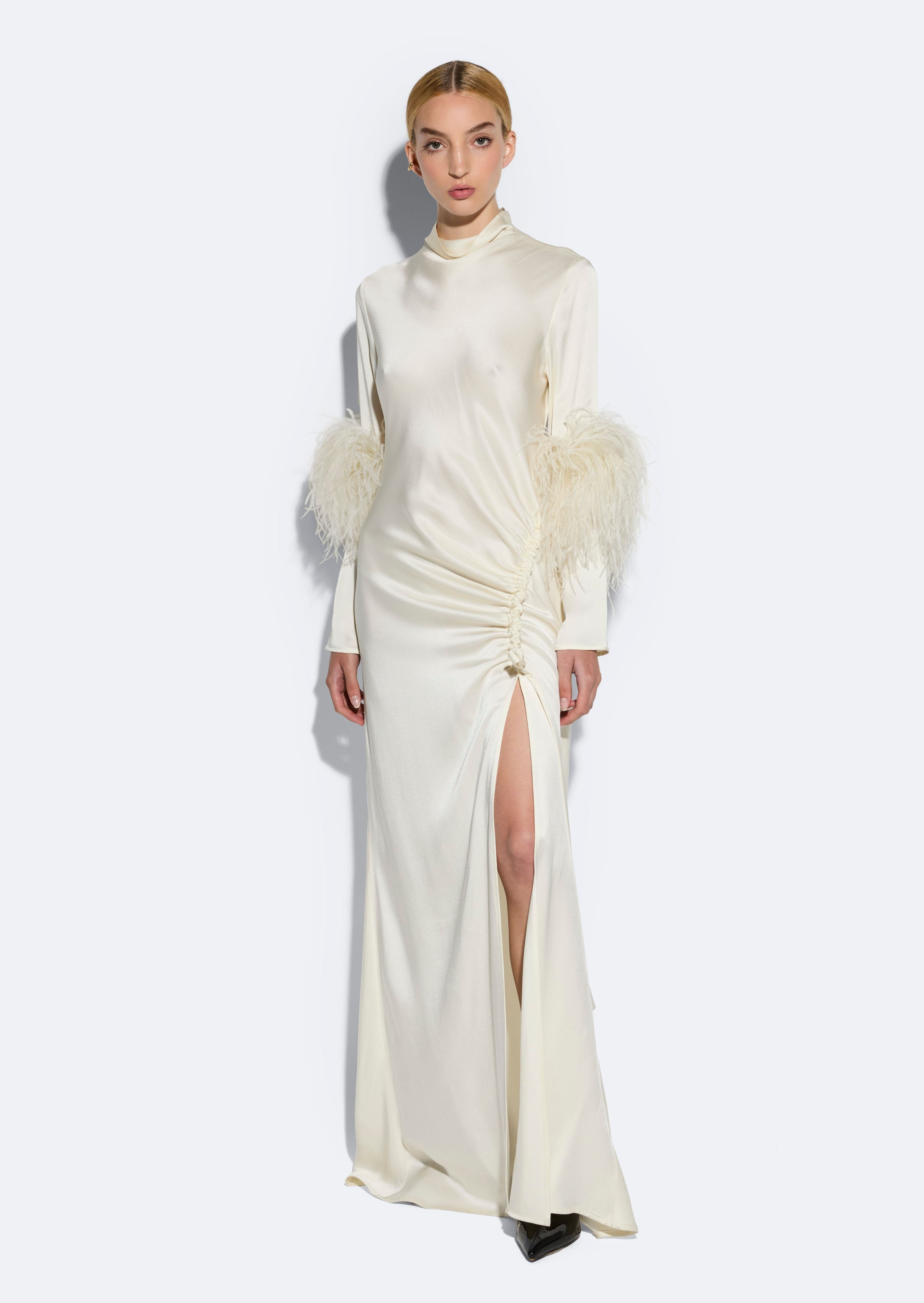 LAPOINTE Satin Tab Gown With Feathers | Cream / 12 LAPOINTE Satin Tab Gown With Feathers | Cream / 12