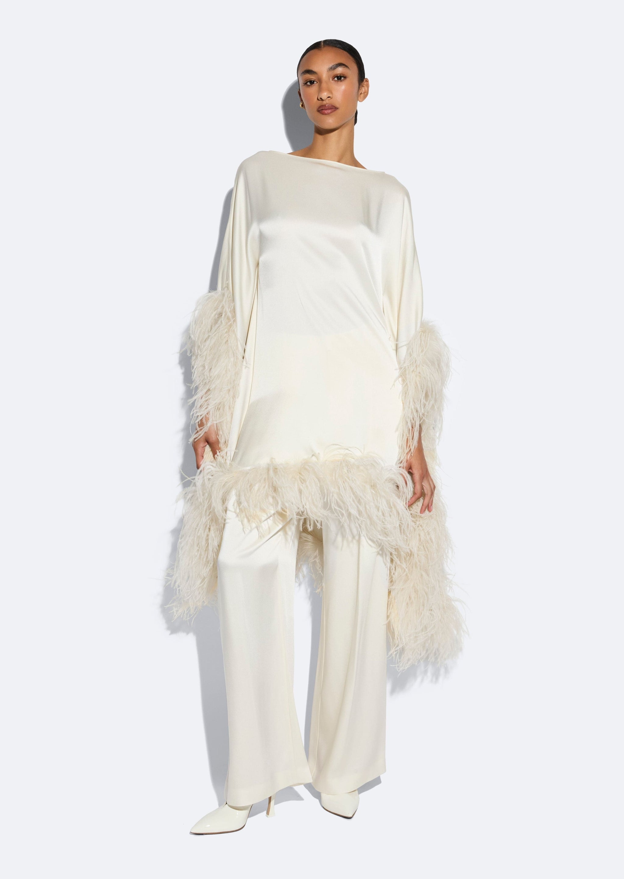 Lapointe Satin Cape Dress with Feathers | Black / M Lapointe Satin Cape Dress with Feathers | Black / M
