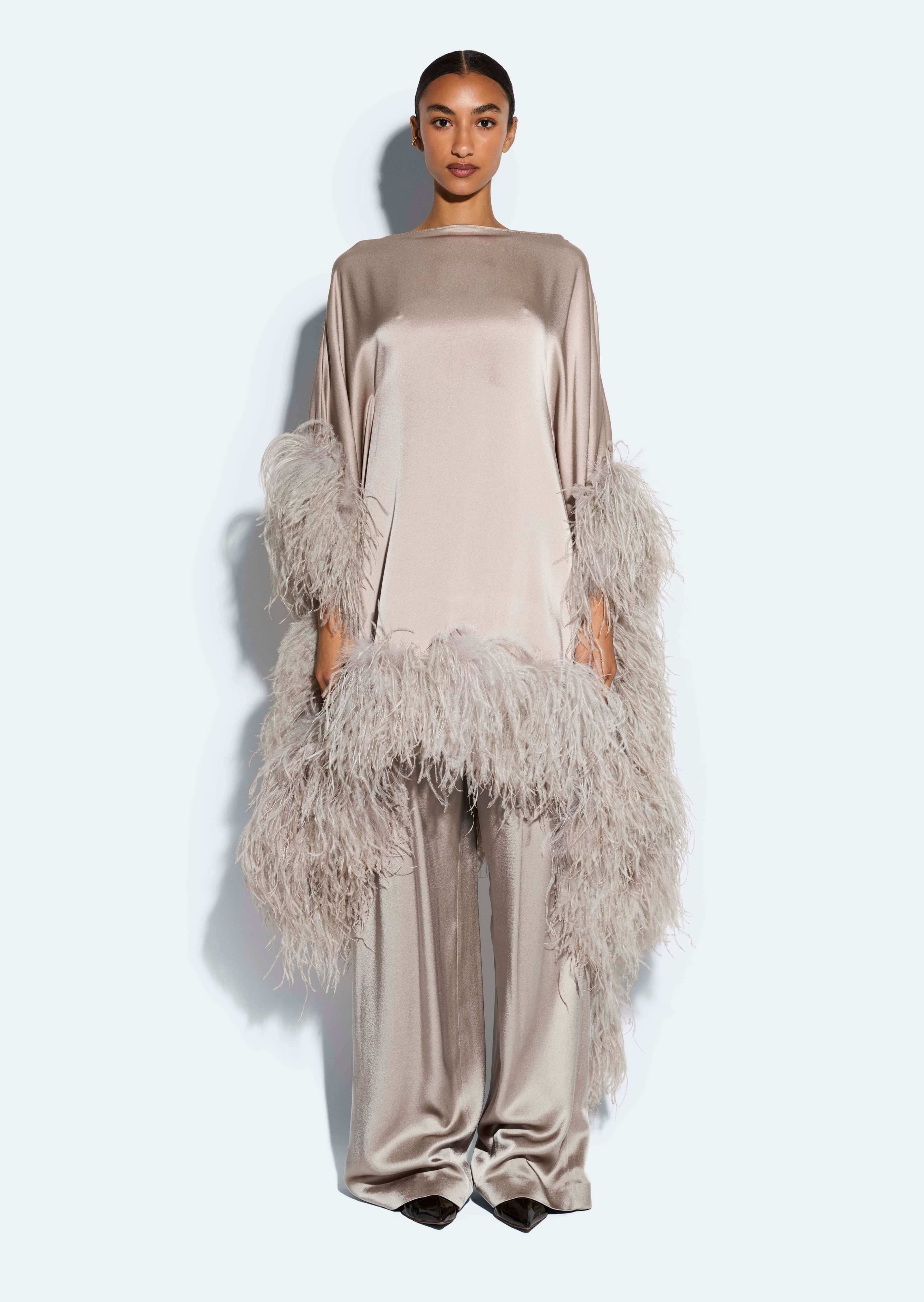 Satin Cape Dress With Feathers in Washed silver Steel | LAPOINTE