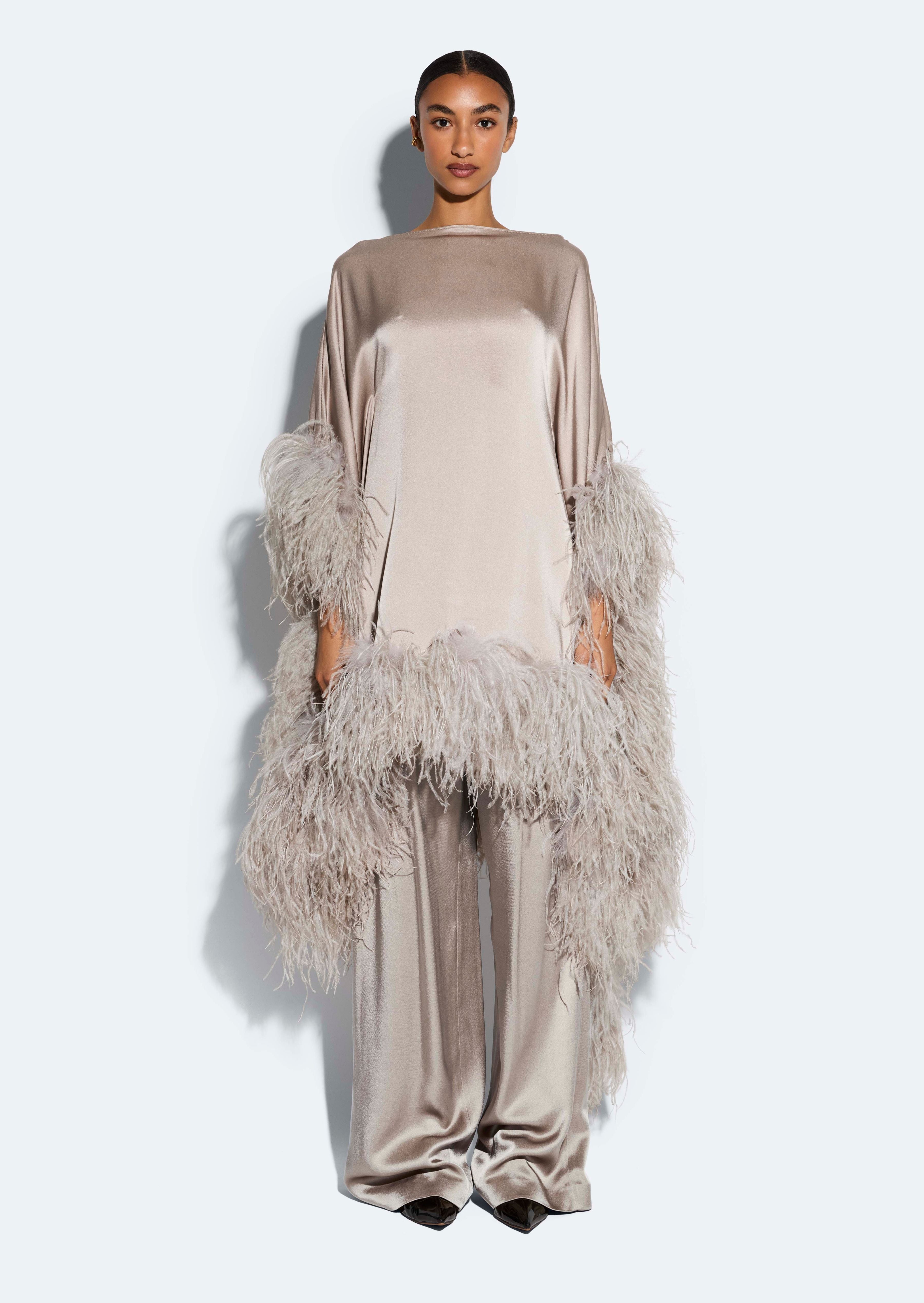 Satin Cape Dress With Feathers