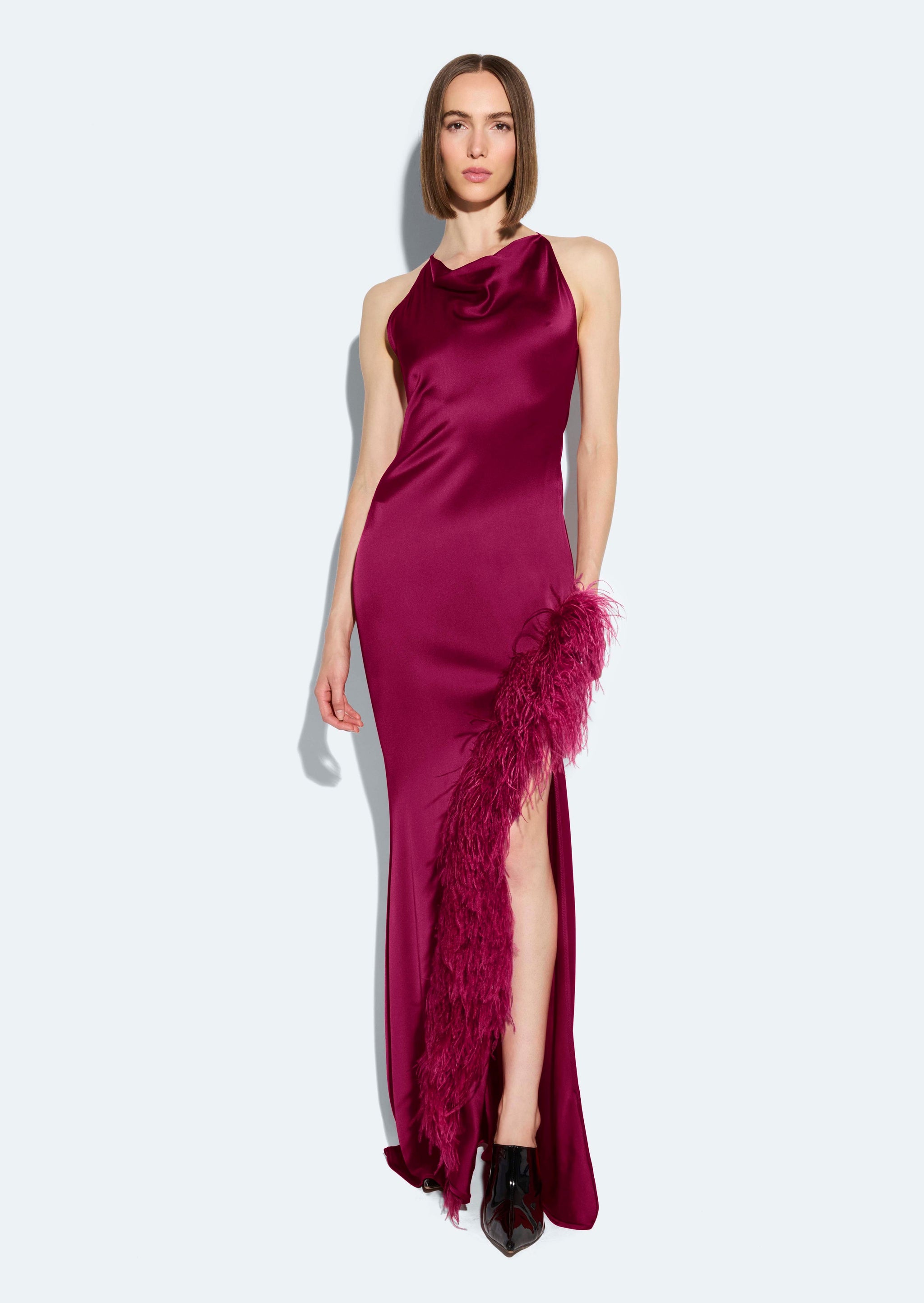 Satin Halter Gown With Feathers