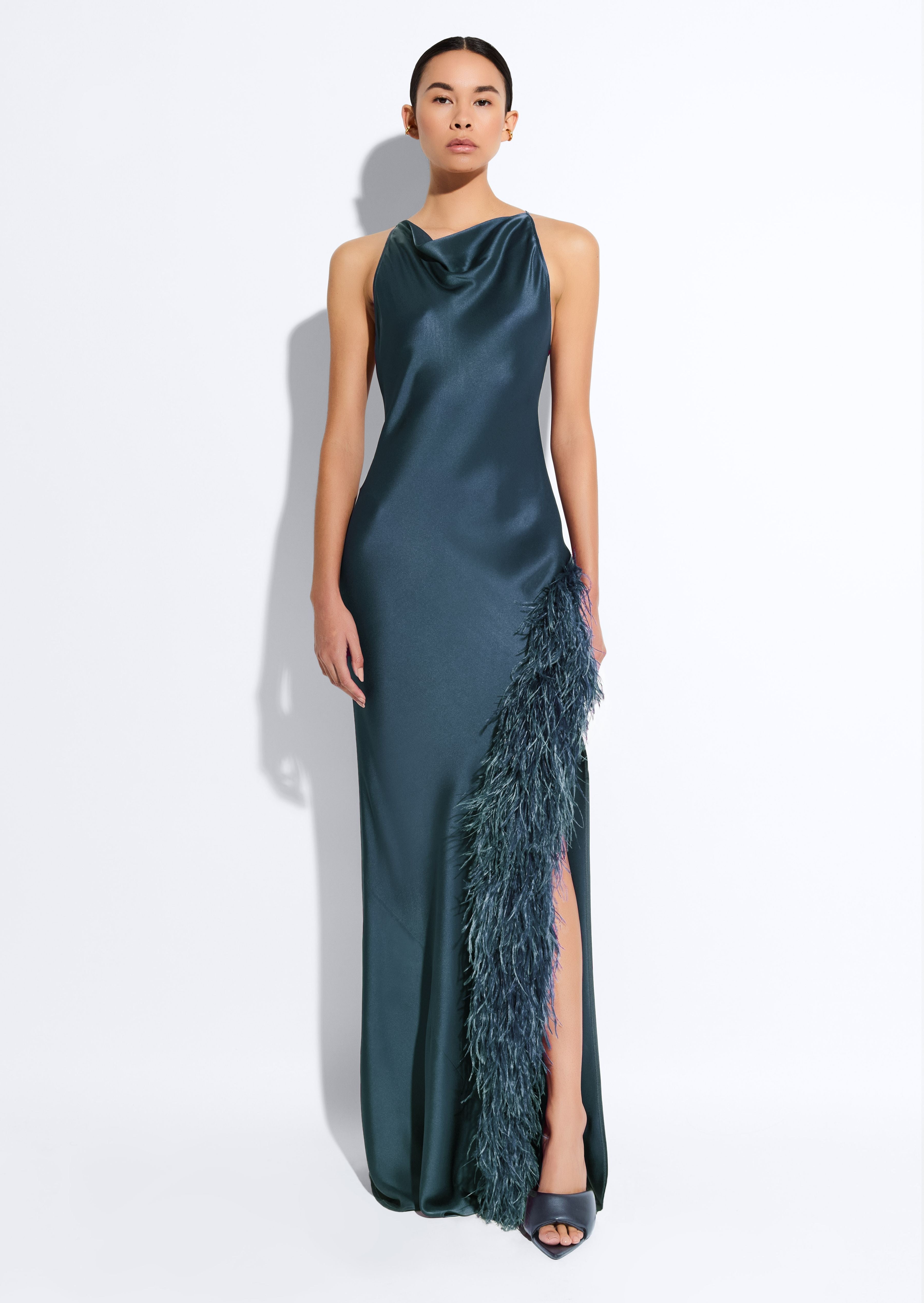 Satin Halter Gown With Feathers