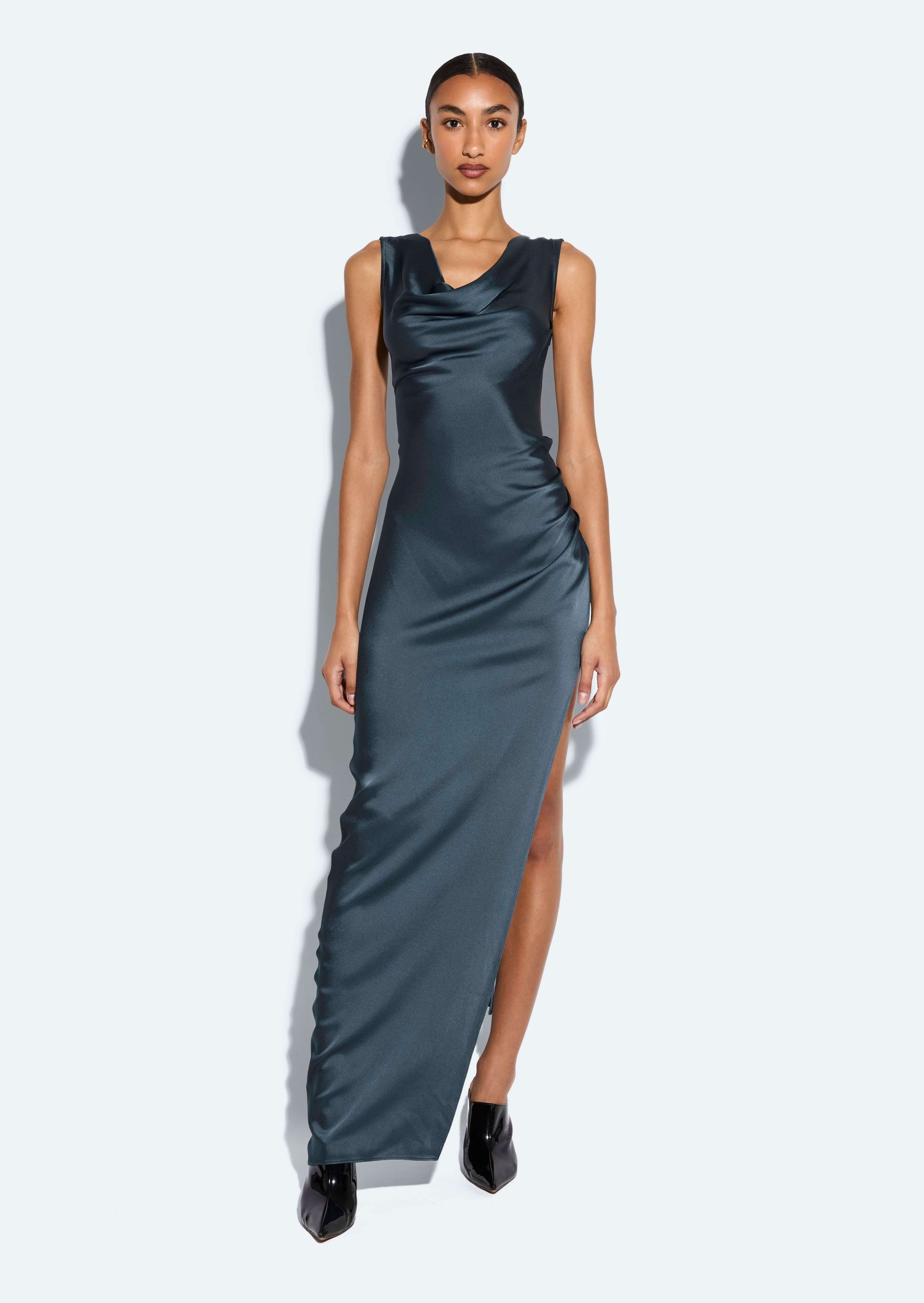 【PORTERNA】Kises satin long one piece Isla Trendy One Shoulder Pleats Slit Satin Dresses