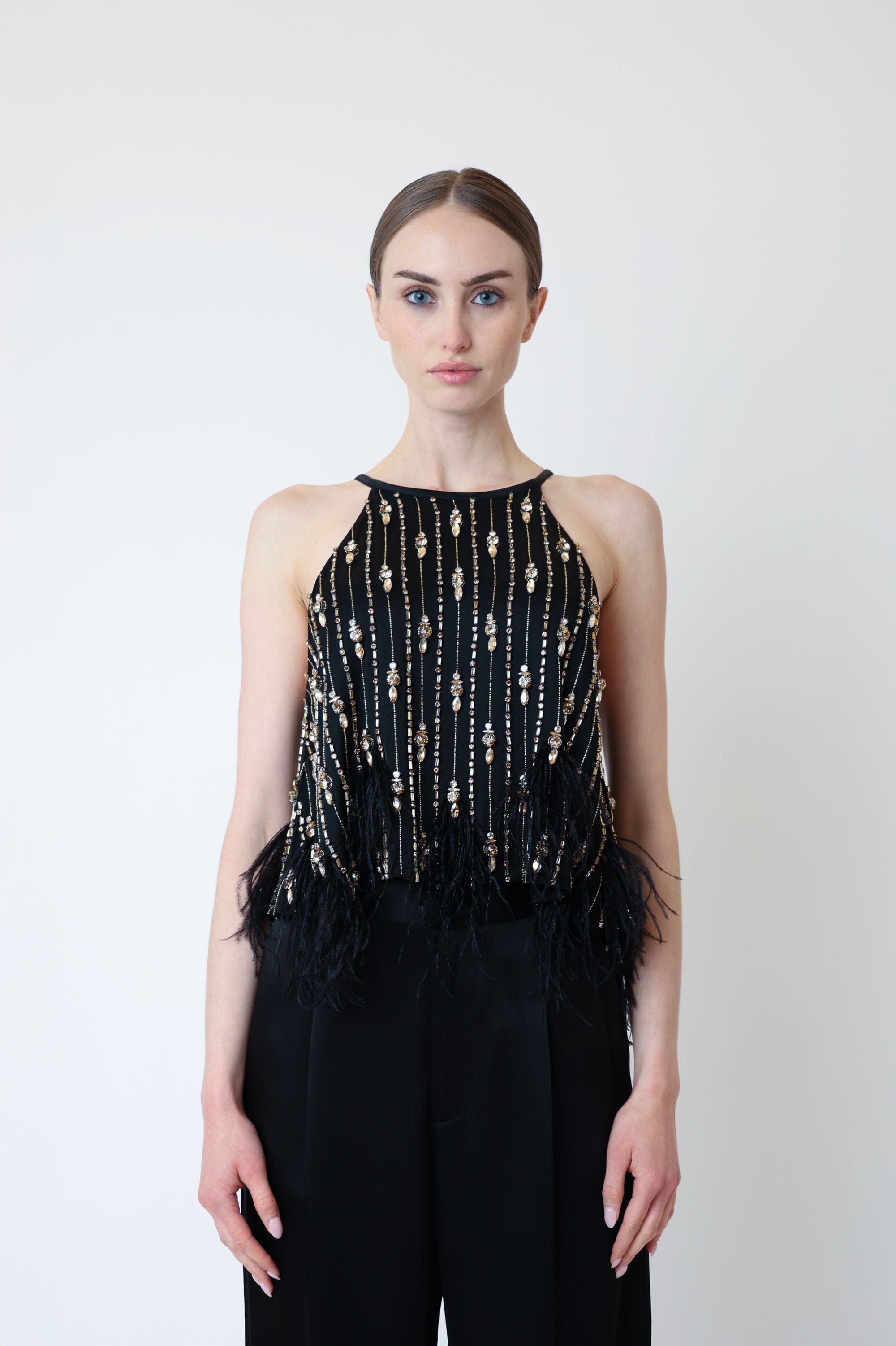 Satin Crop Halter Cami With Deco Stripe Embroidery - LAPOINTE