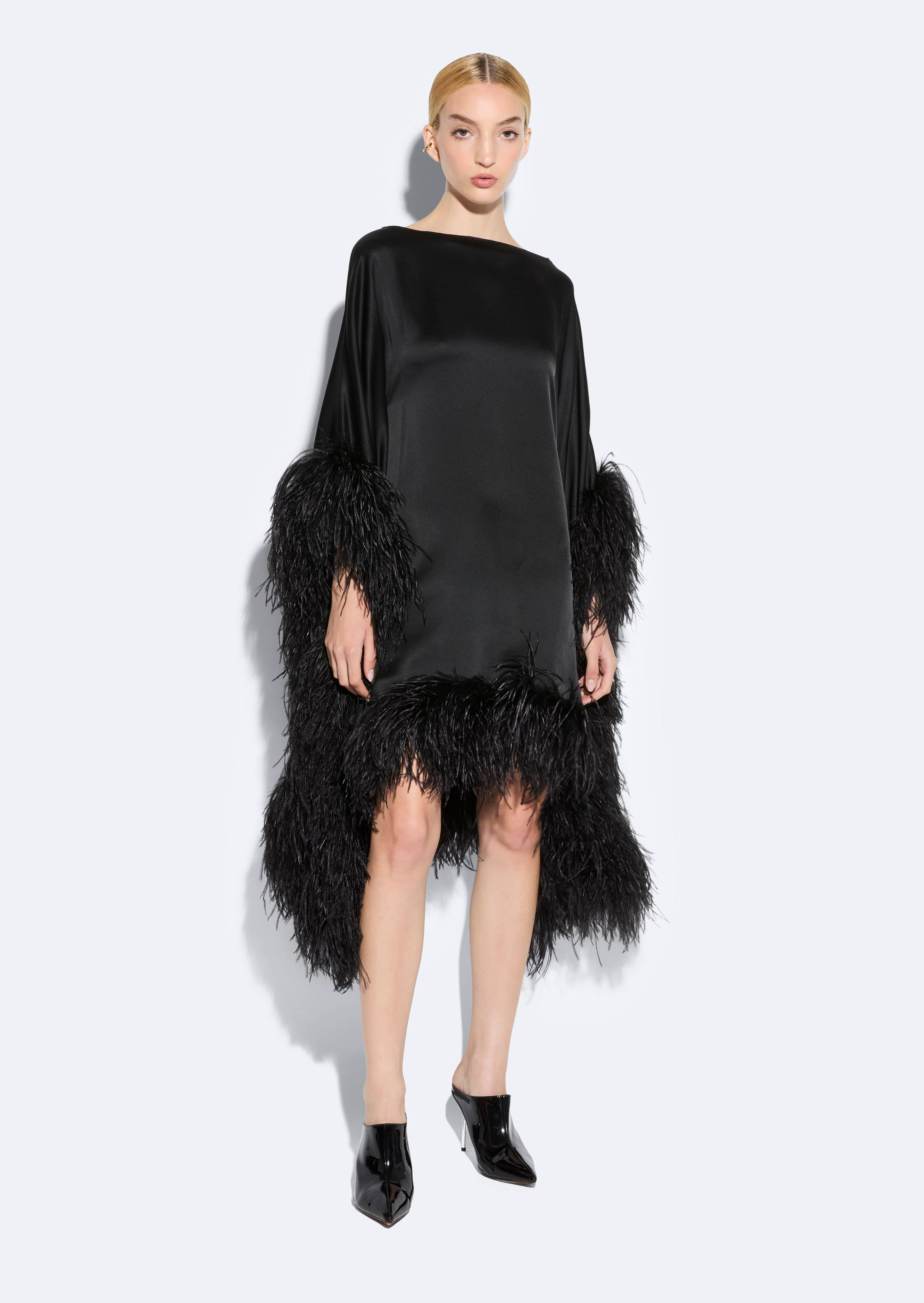 LAPOINTE Satin Cape Dress With Feathers | Black / M LAPOINTE Satin Cape Dress With Feathers | Black / M