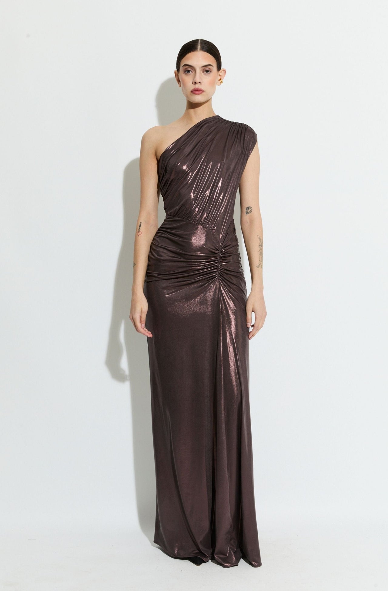 Coated Jersey One Shoulder Ruched Dress