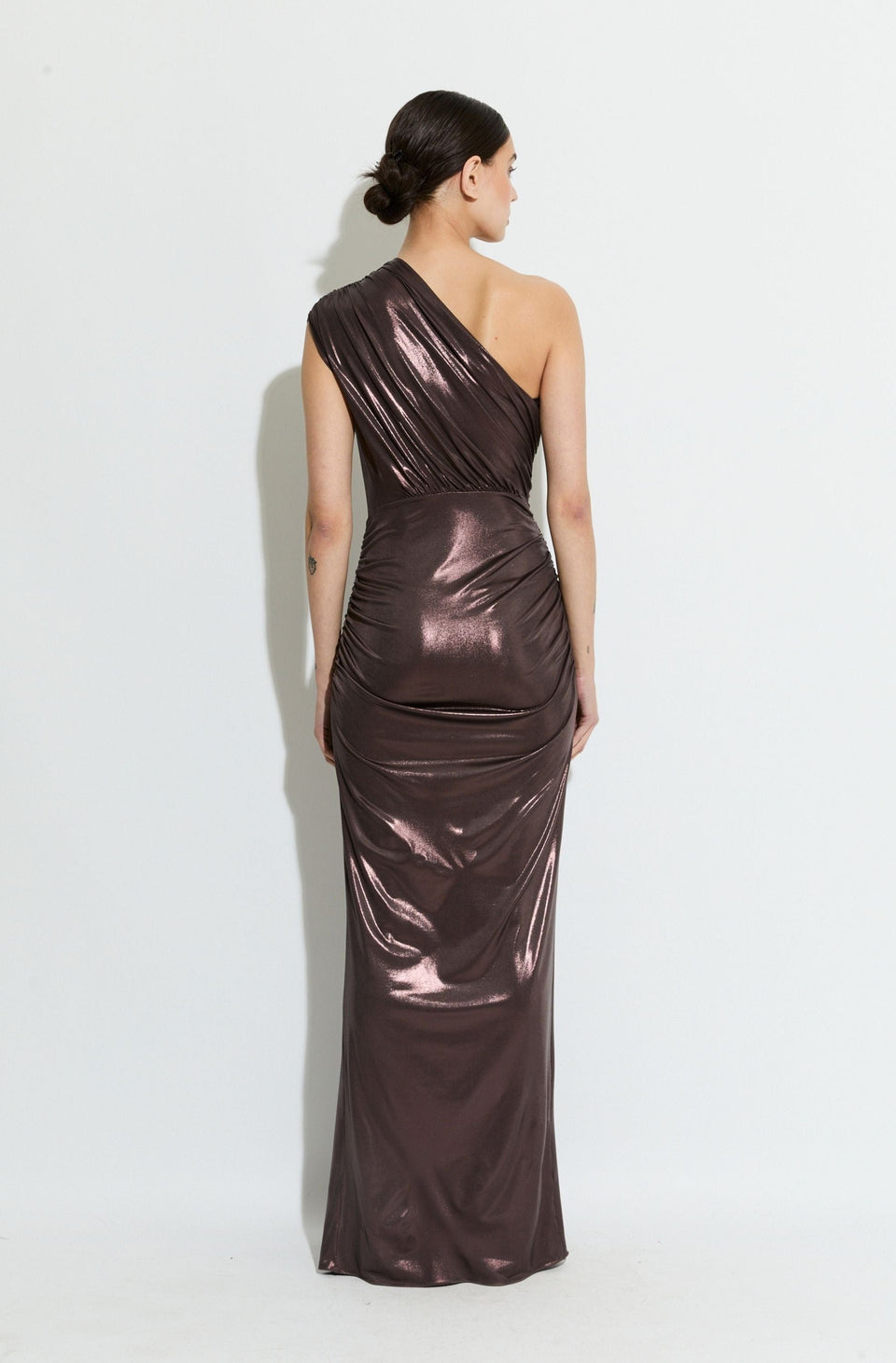 Coated Jersey One Shoulder Ruched Dress