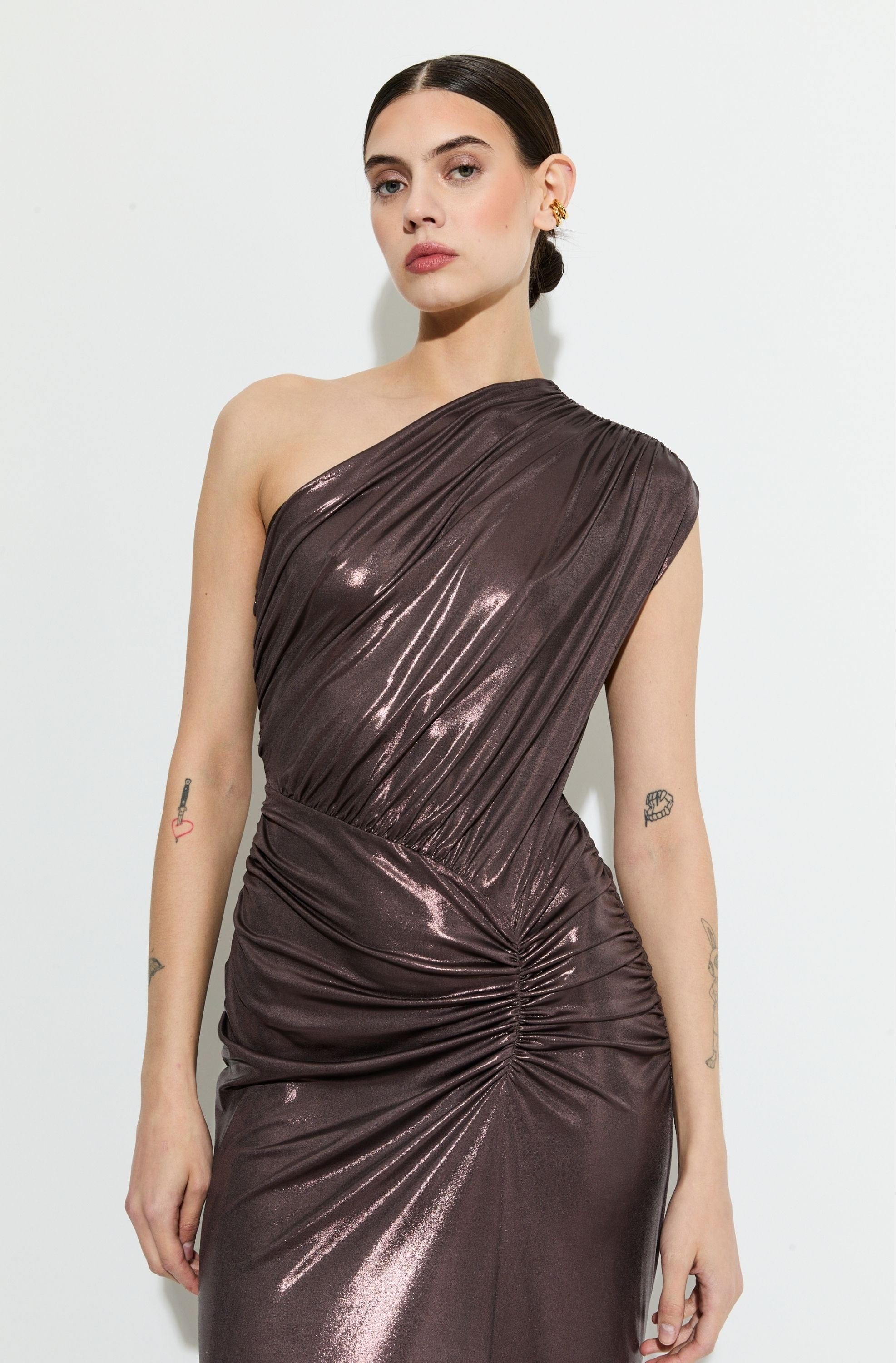 Coated Jersey One Shoulder Ruched Dress in Mocha Dark Brown | LAPOINTE