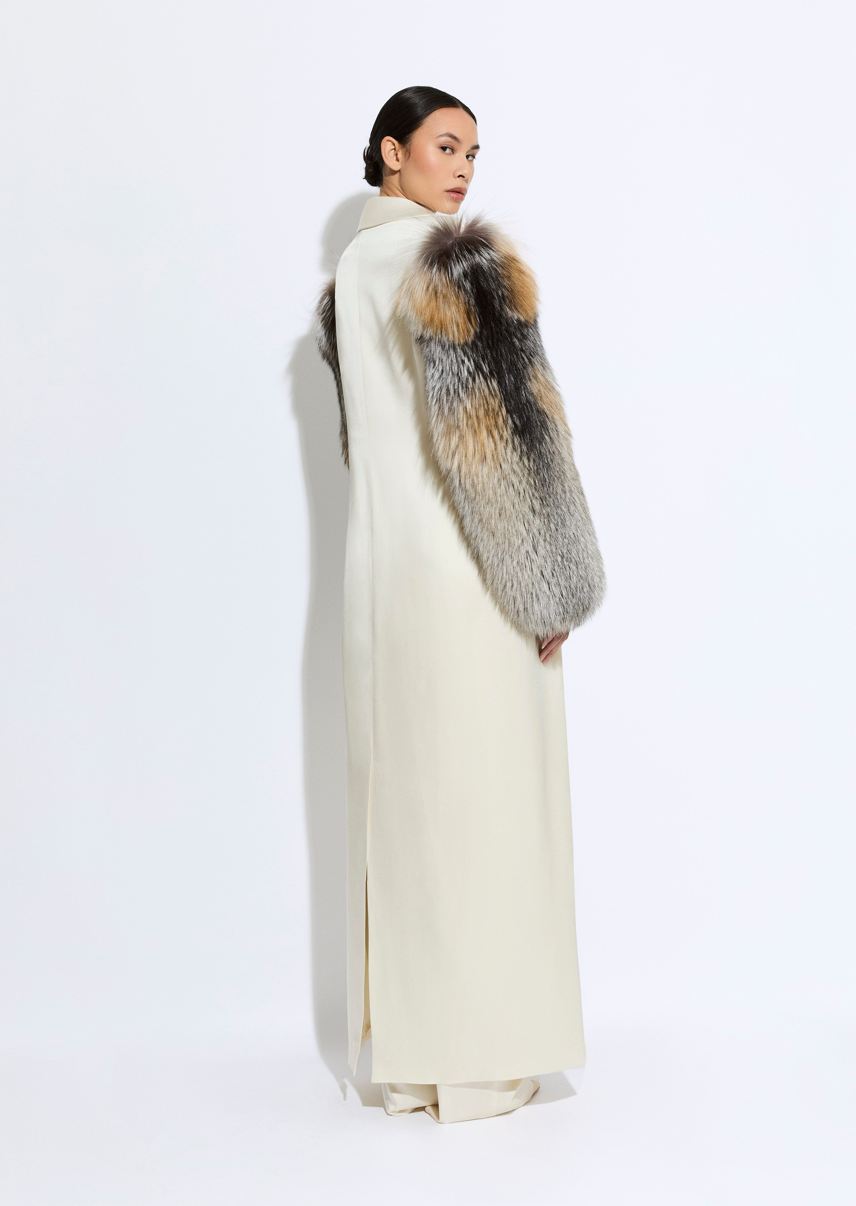Satin Double Breasted Coat With Fur in Cream Cream | LAPOINTE