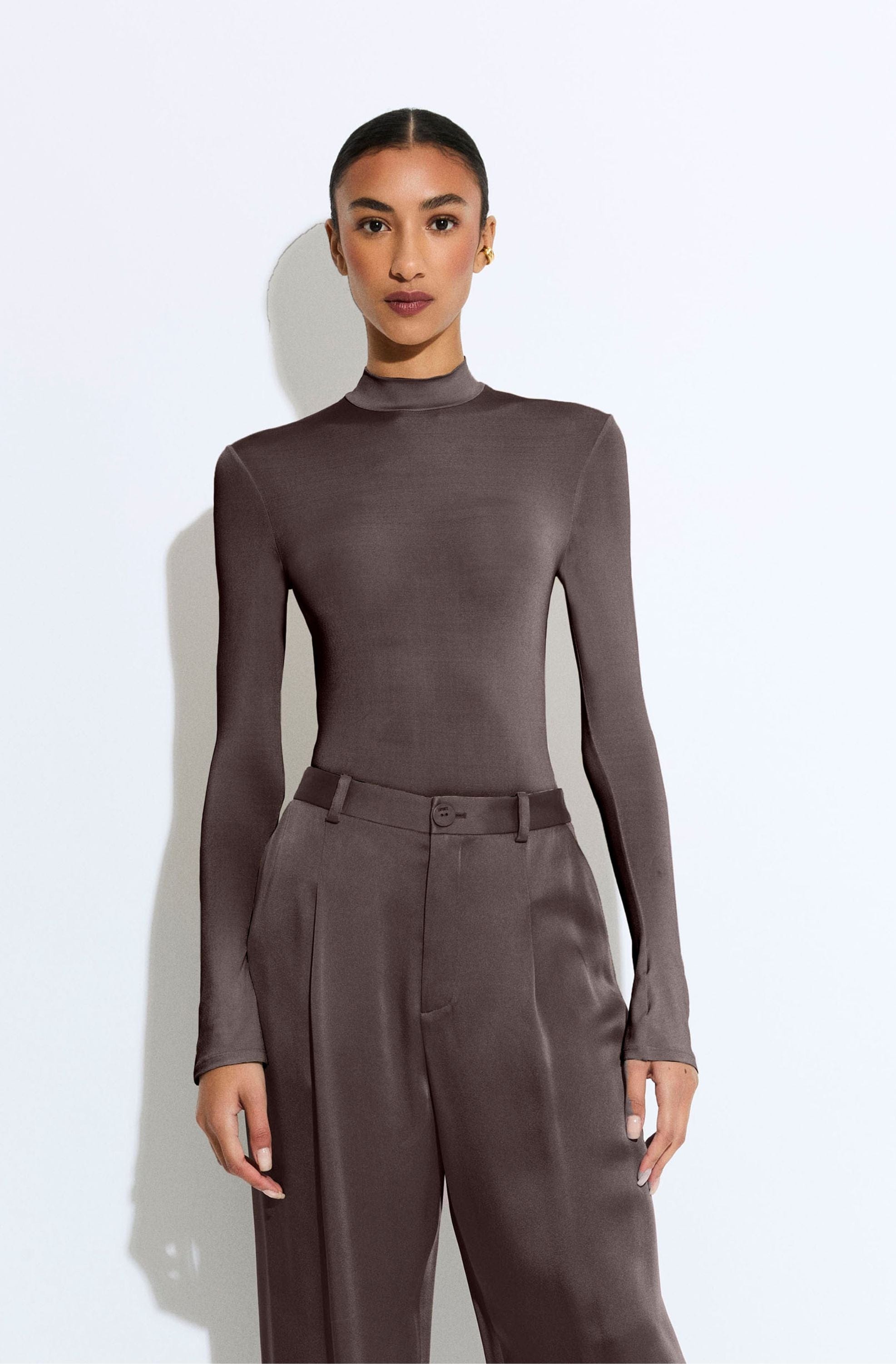 Jersey Mock Neck Bodysuit in Mocha Dark Brown | LAPOINTE