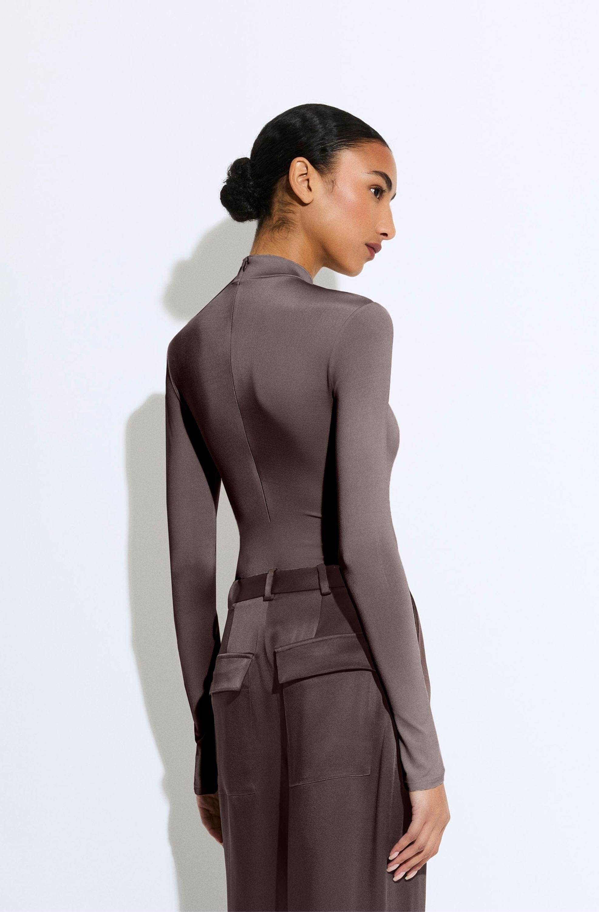 Jersey Mock Neck Bodysuit in Mocha Dark Brown | LAPOINTE