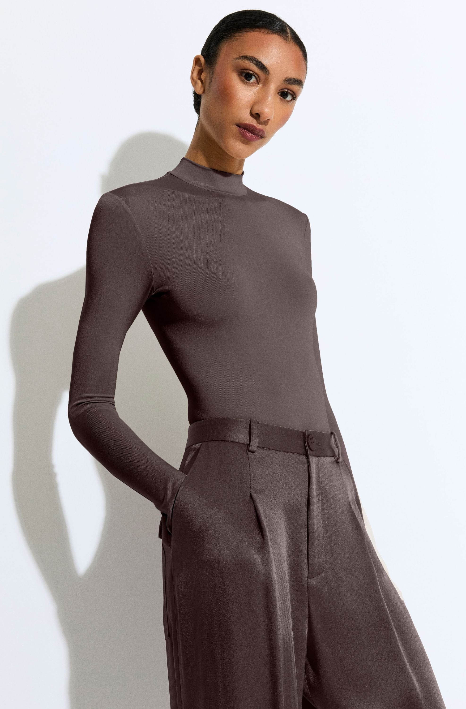 Jersey Mock Neck Bodysuit in Mocha Dark Brown | LAPOINTE