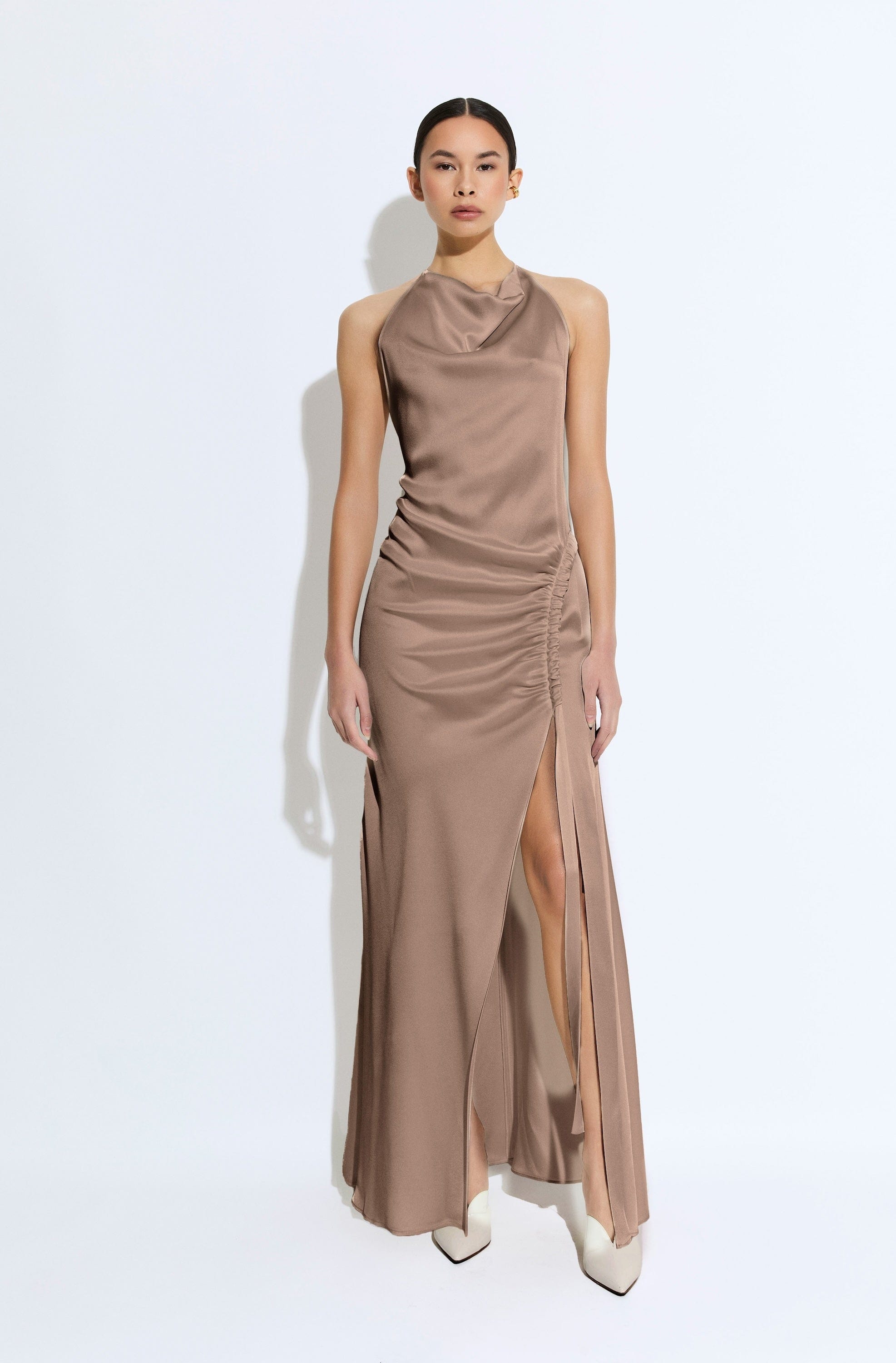 ★SCULPTOR★ Unbalance Cowl Satin Dress Coral SC22A312PK Coral Cowl Neck Satin Maxi Dress | Dressed In Lucy | SilkFred