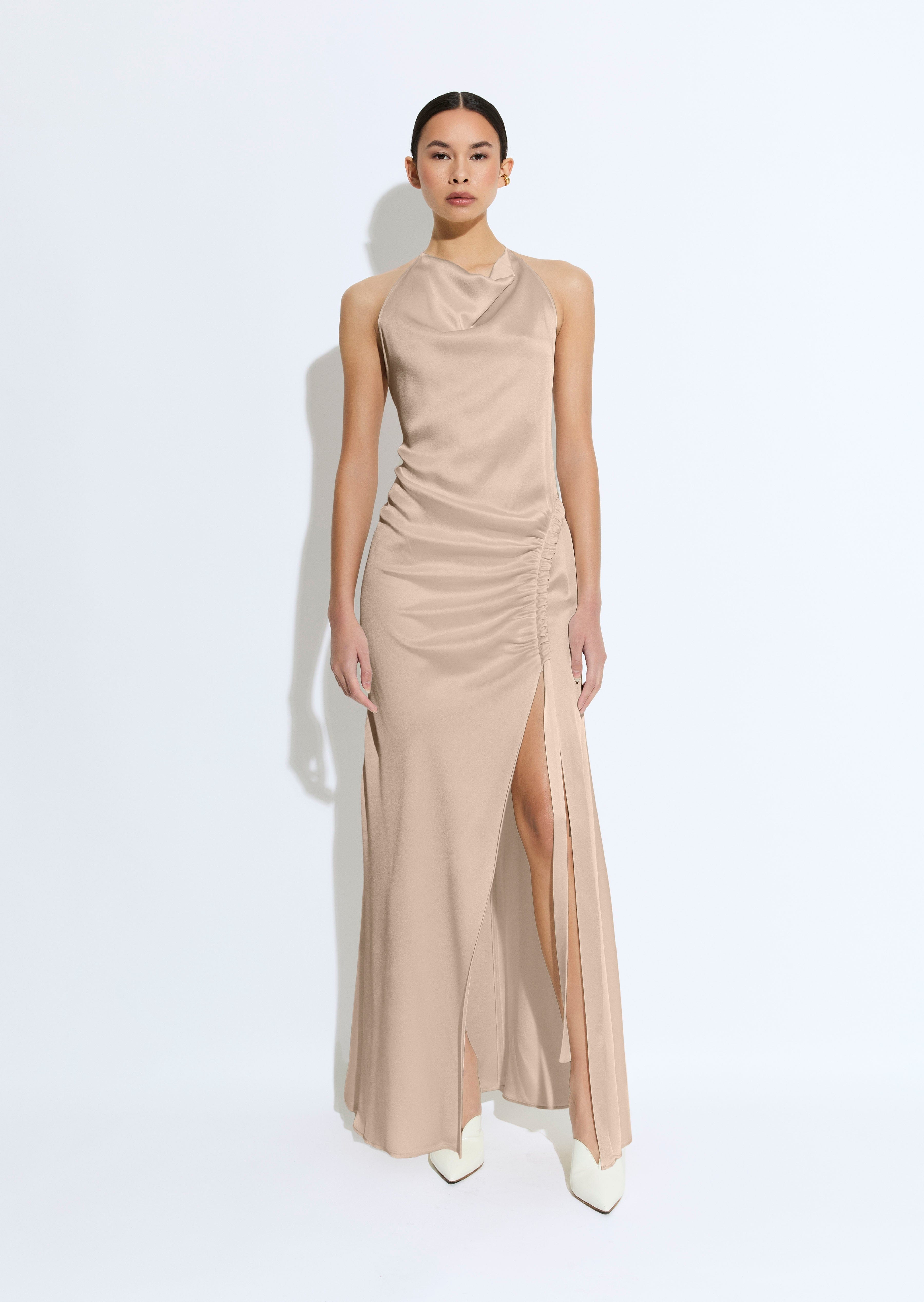 Satin Cowl Neck Tab Gown