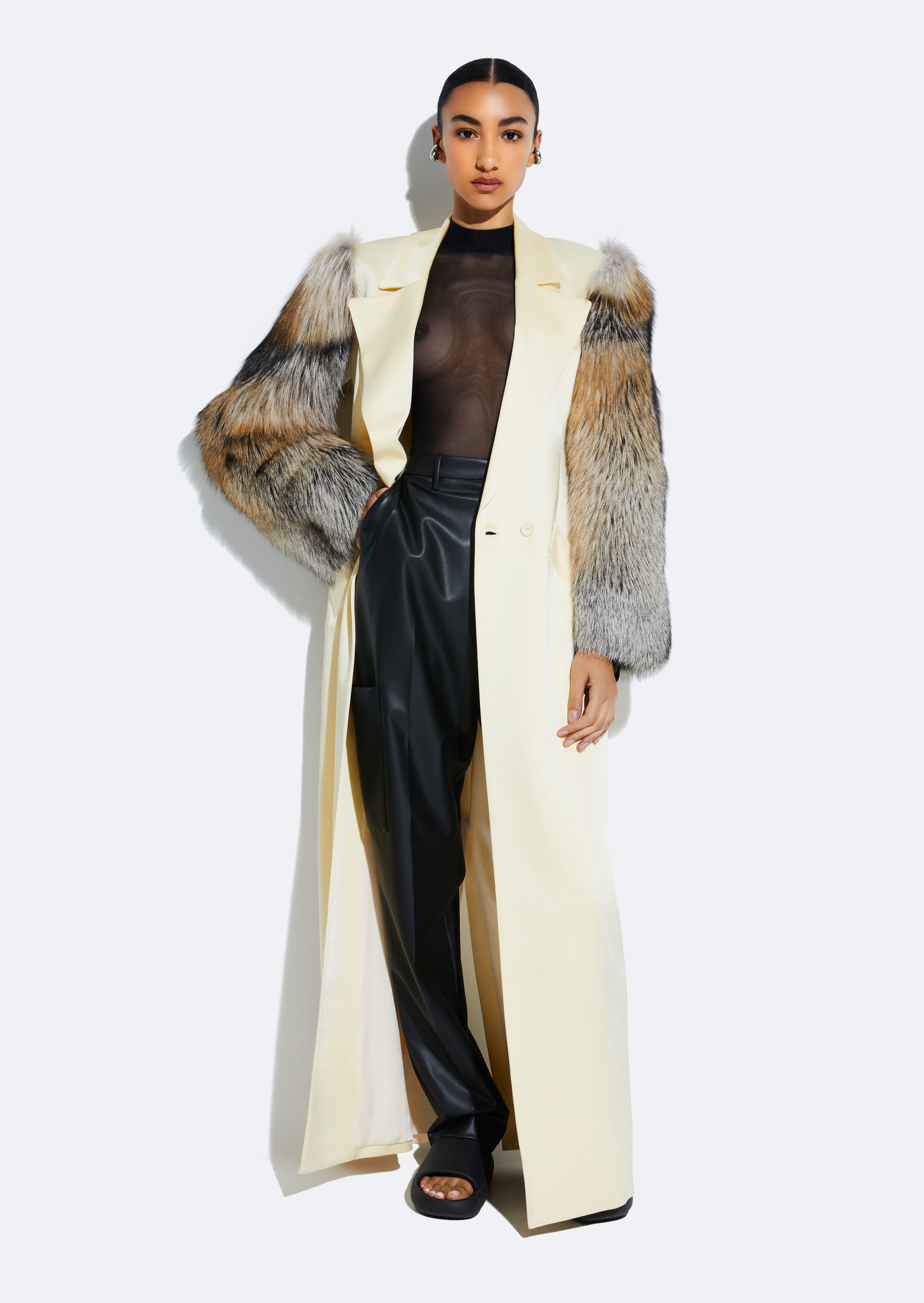 Satin Double Breasted Coat With Fur in Butter Ivory LAPOINTE