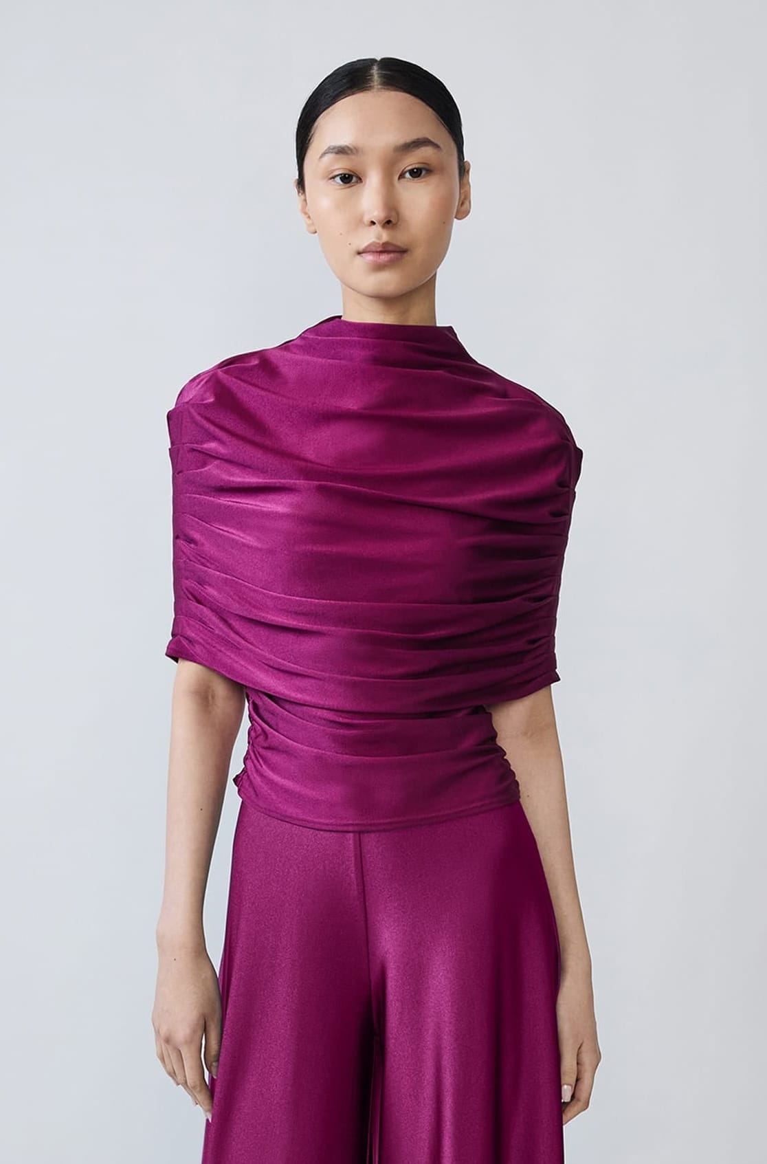 Shine Jersey Mock Neck Ruched Top