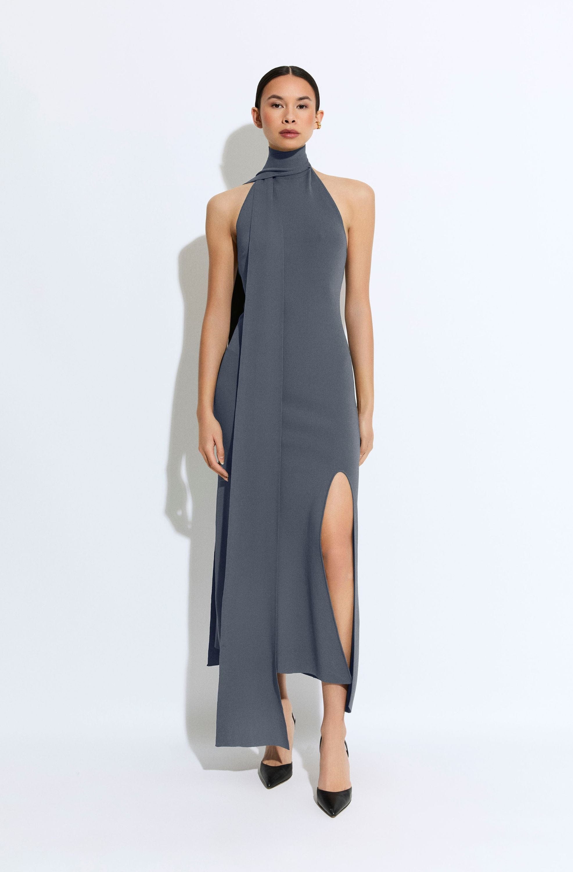 LAPOINTE Matte Viscose Halterneck Dress | Gray Blue / S LAPOINTE Matte Viscose Halterneck Dress | Gray Blue / S