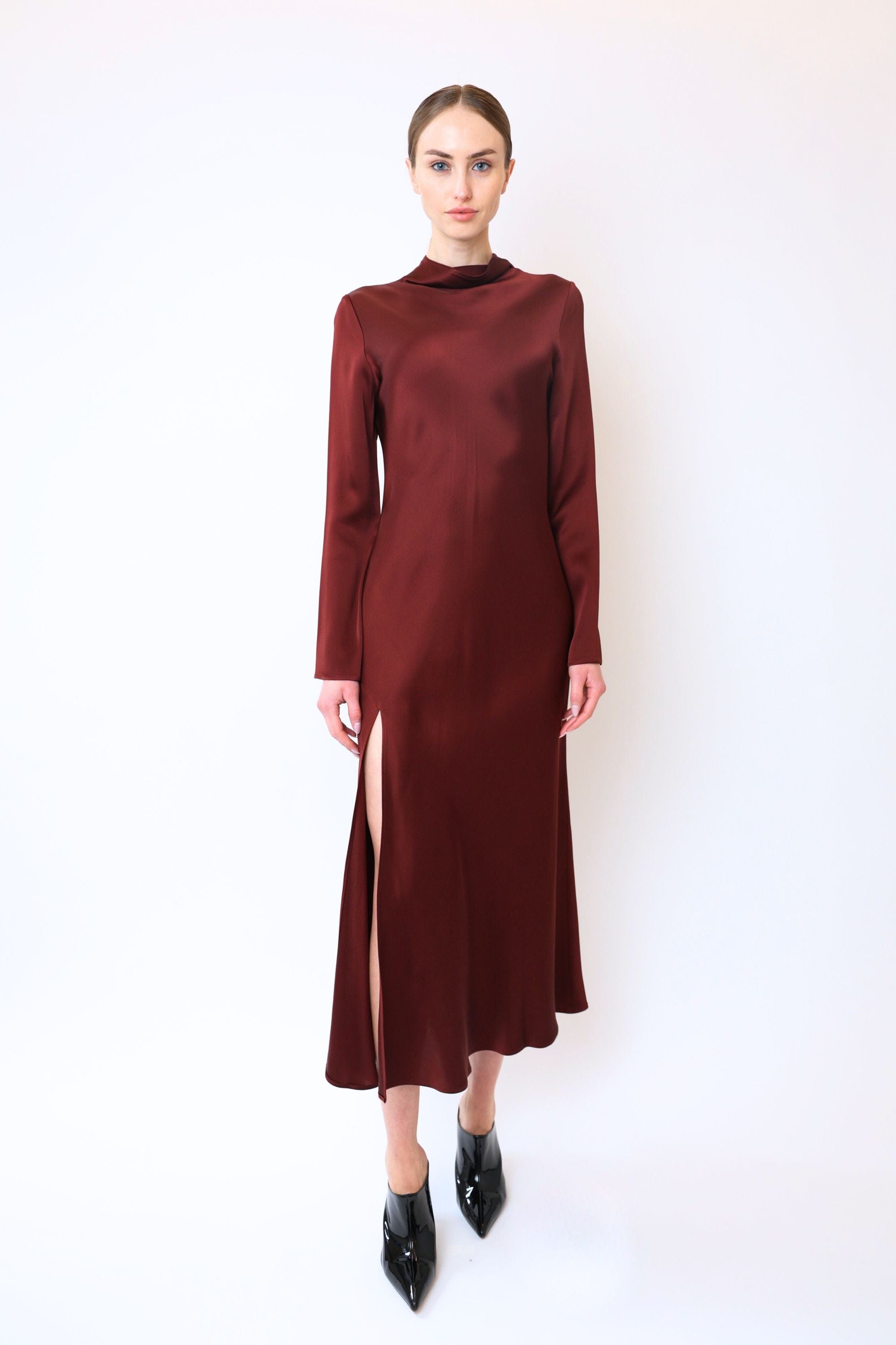 Satin Draped Neck Bias Dress With Slit - LAPOINTE