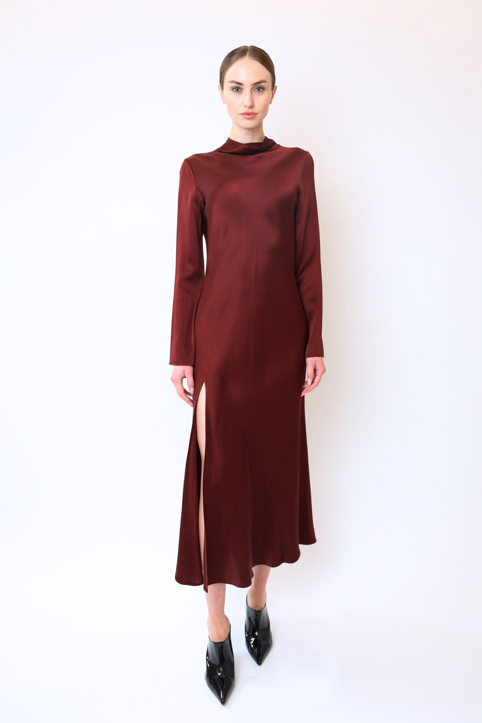 Satin Draped Neck Bias Dress With Slit - LAPOINTE