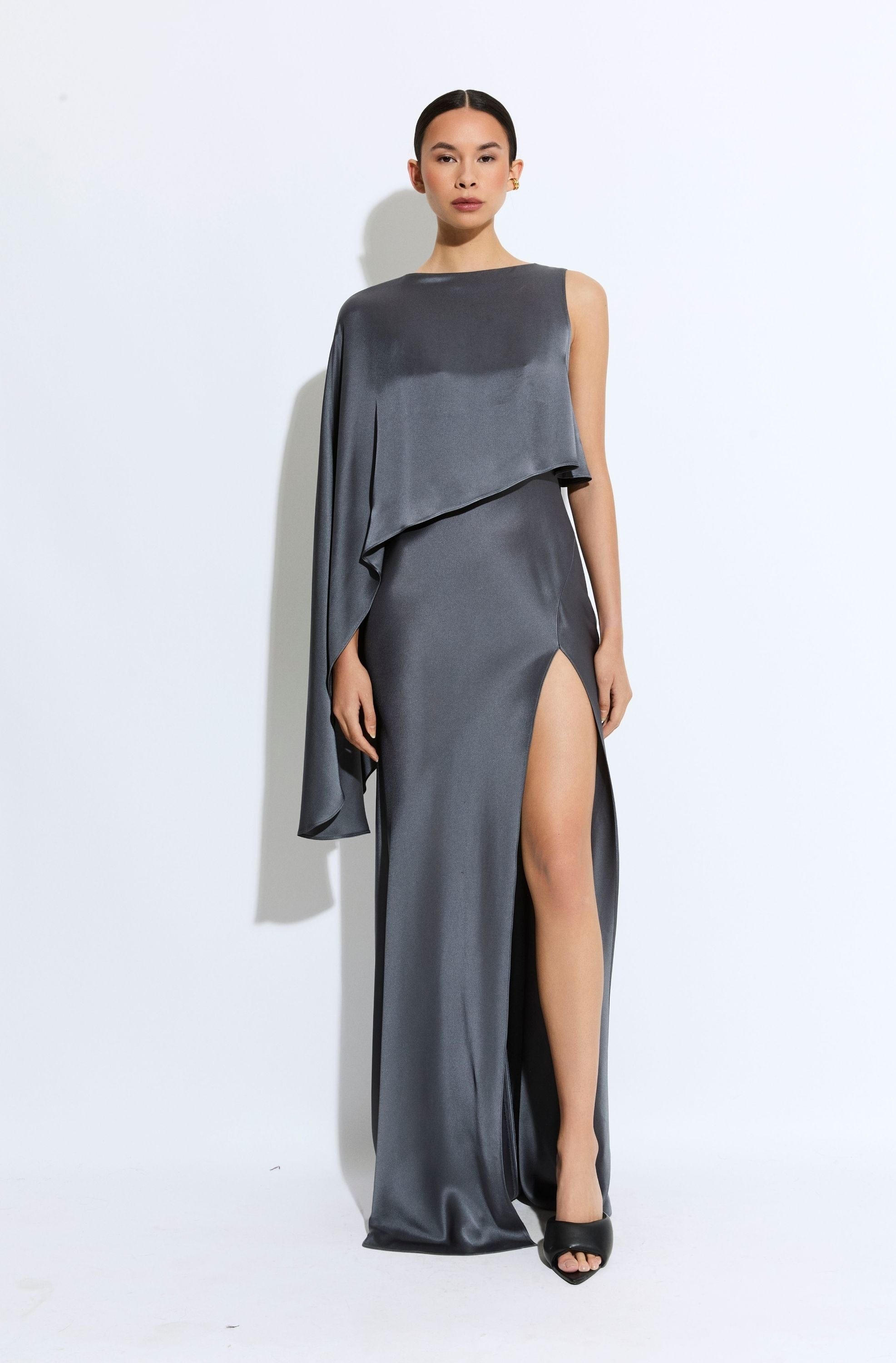 LAPOINTE Satin Asymmetric Draped Gown | Gray Blue / 0 LAPOINTE Satin Asymmetric Draped Gown | Gray Blue / 0