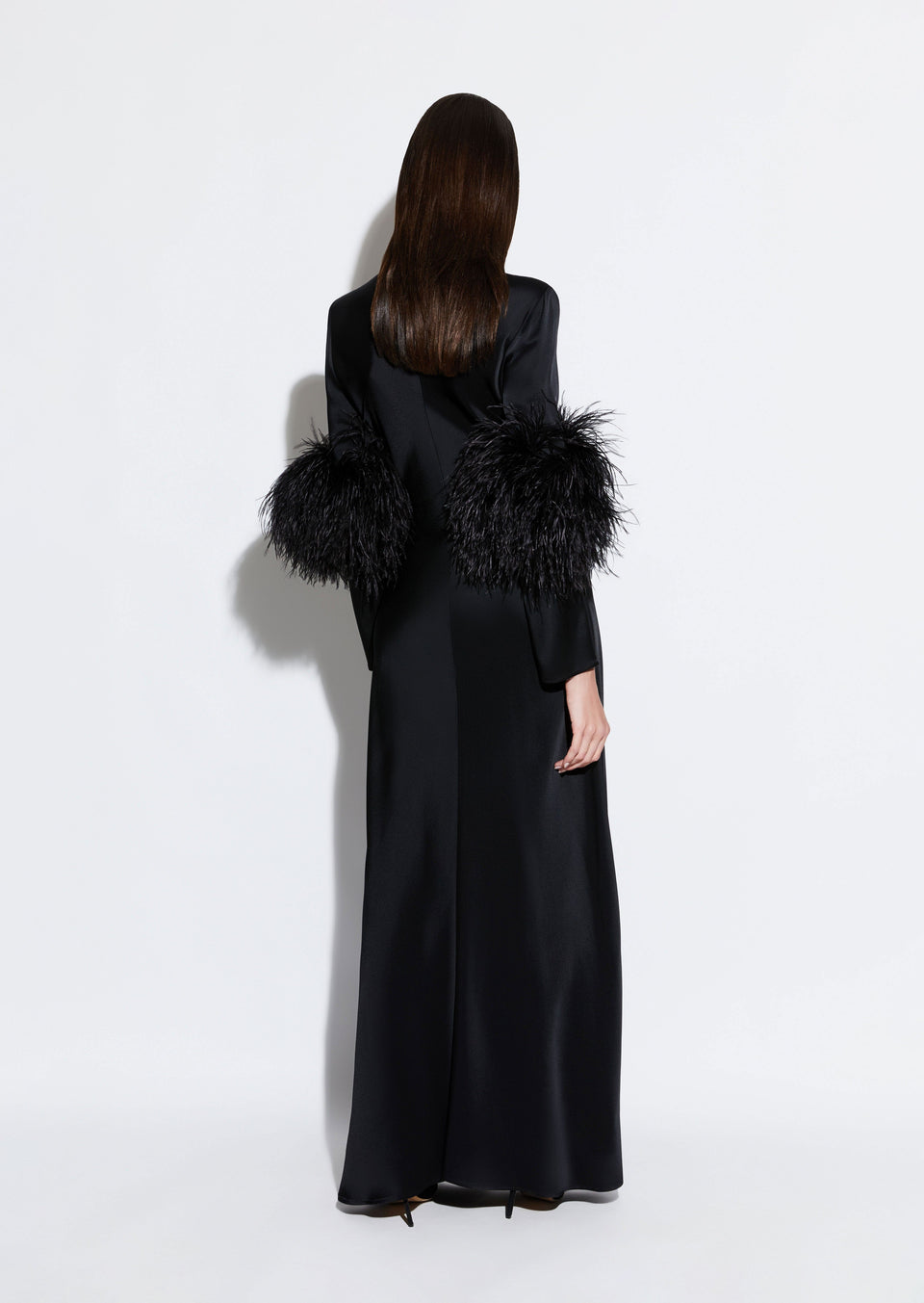 Satin Tab Gown With Feathers