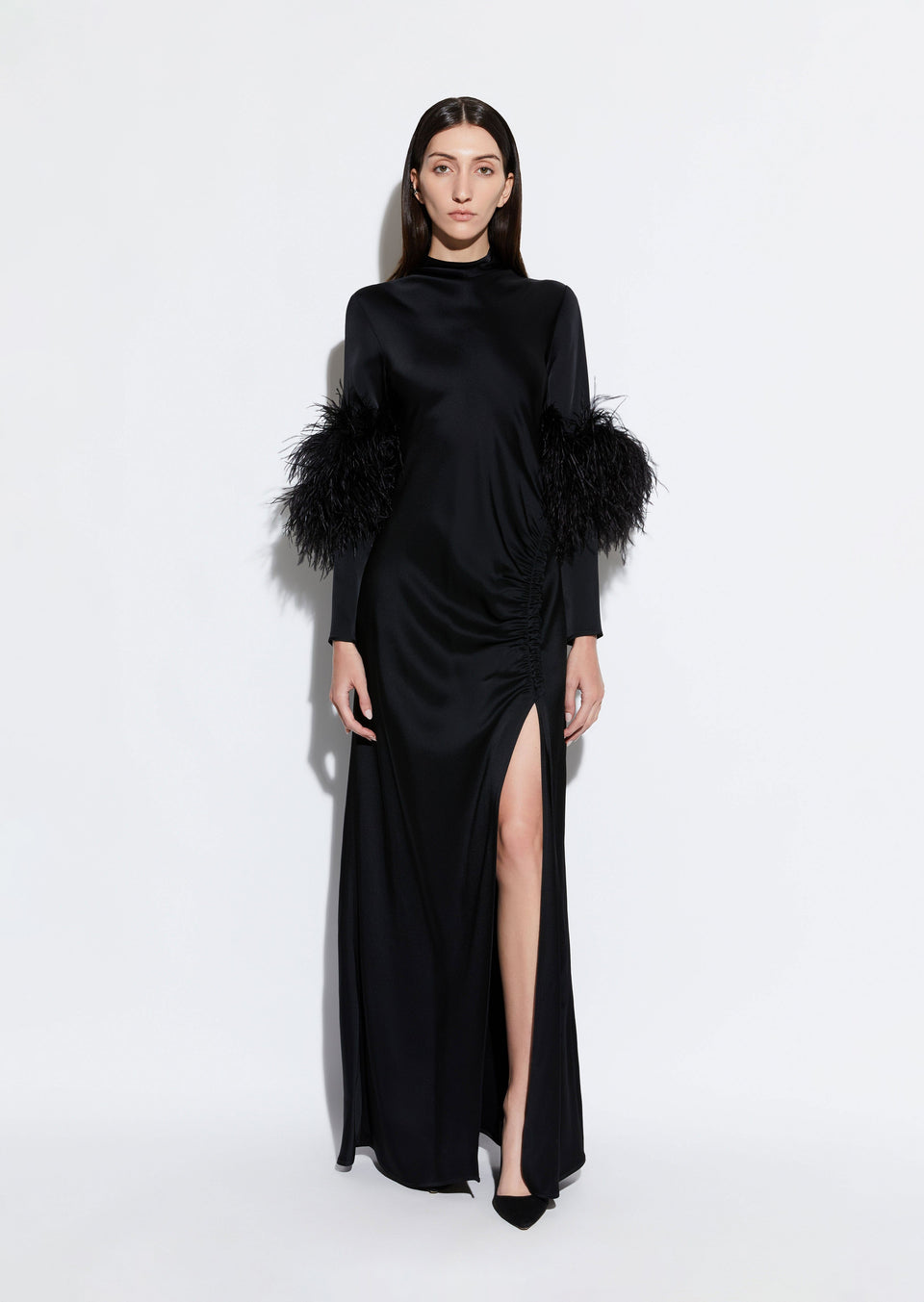 Satin Tab Gown With Feathers