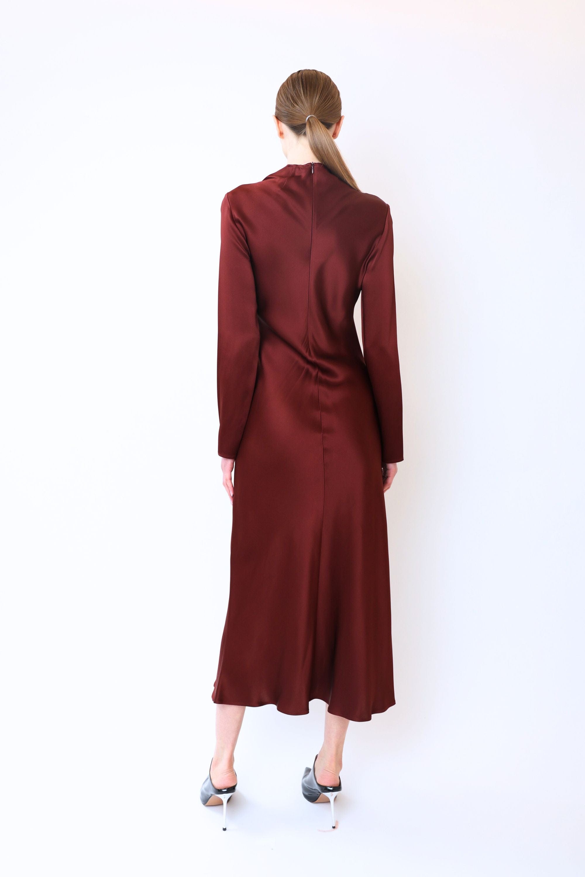 Satin Draped Neck Bias Dress With Slit - LAPOINTE