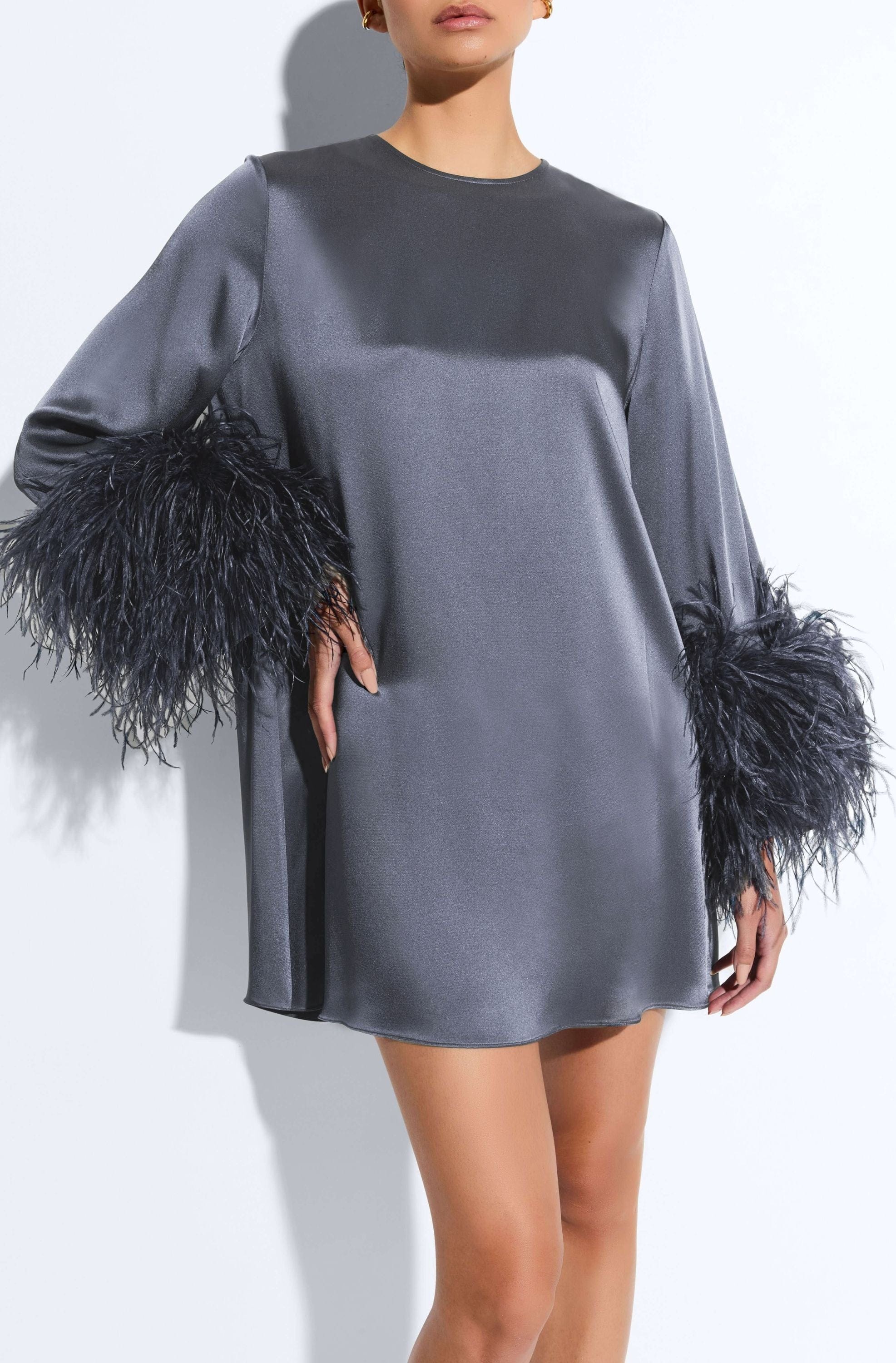 Satin Dress With Feathers in Gray blue Blue | LAPOINTE Satin Dress With Feathers in Gray blue Blue | LAPOINTE