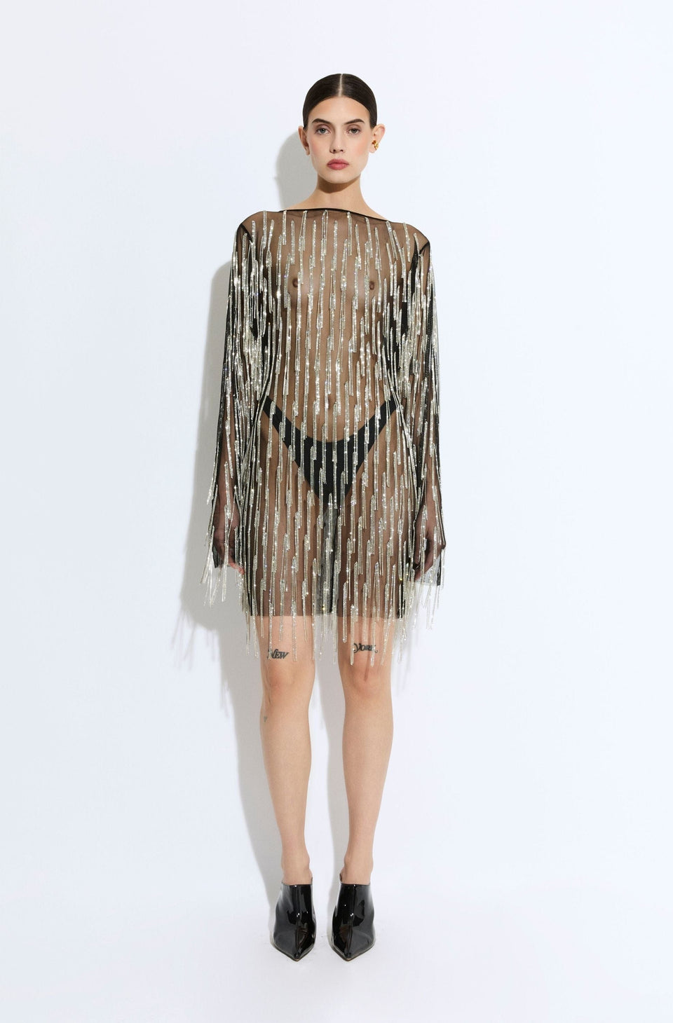 Rhinestone Fringe Boatneck Mini Dress