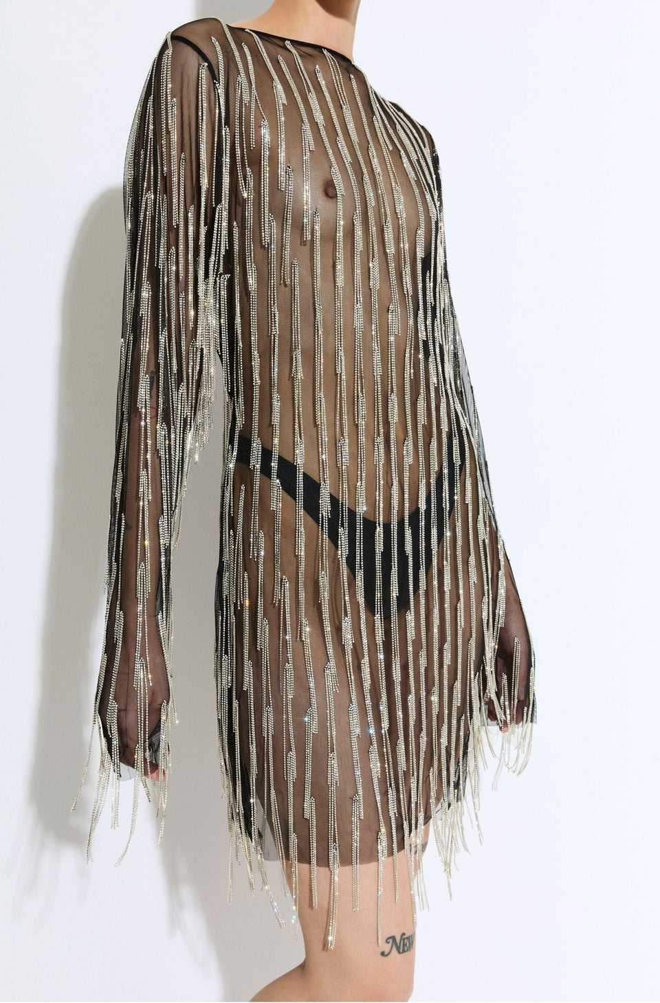 Rhinestone Fringe Boatneck Mini Dress