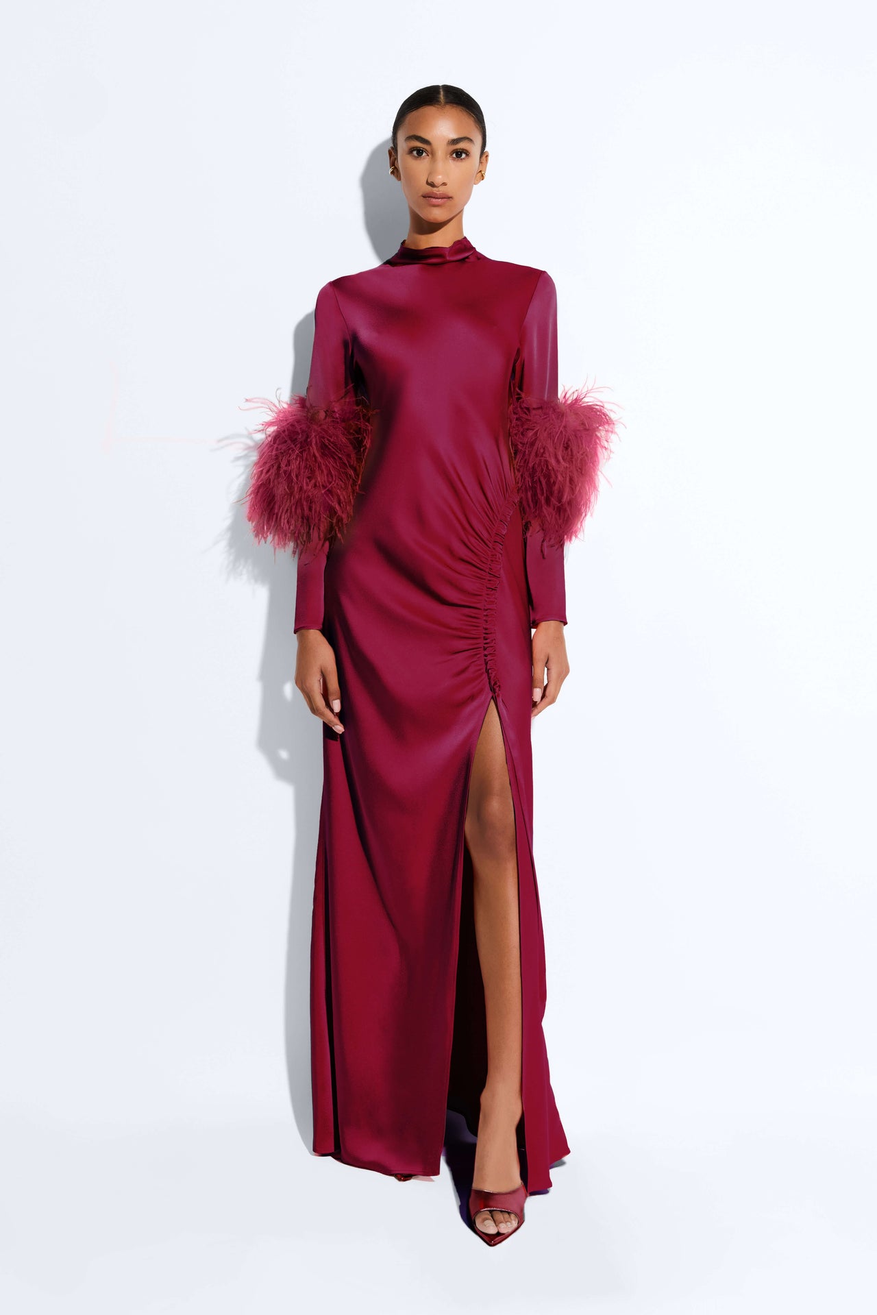 Satin Tab Gown With Feathers - LAPOINTE